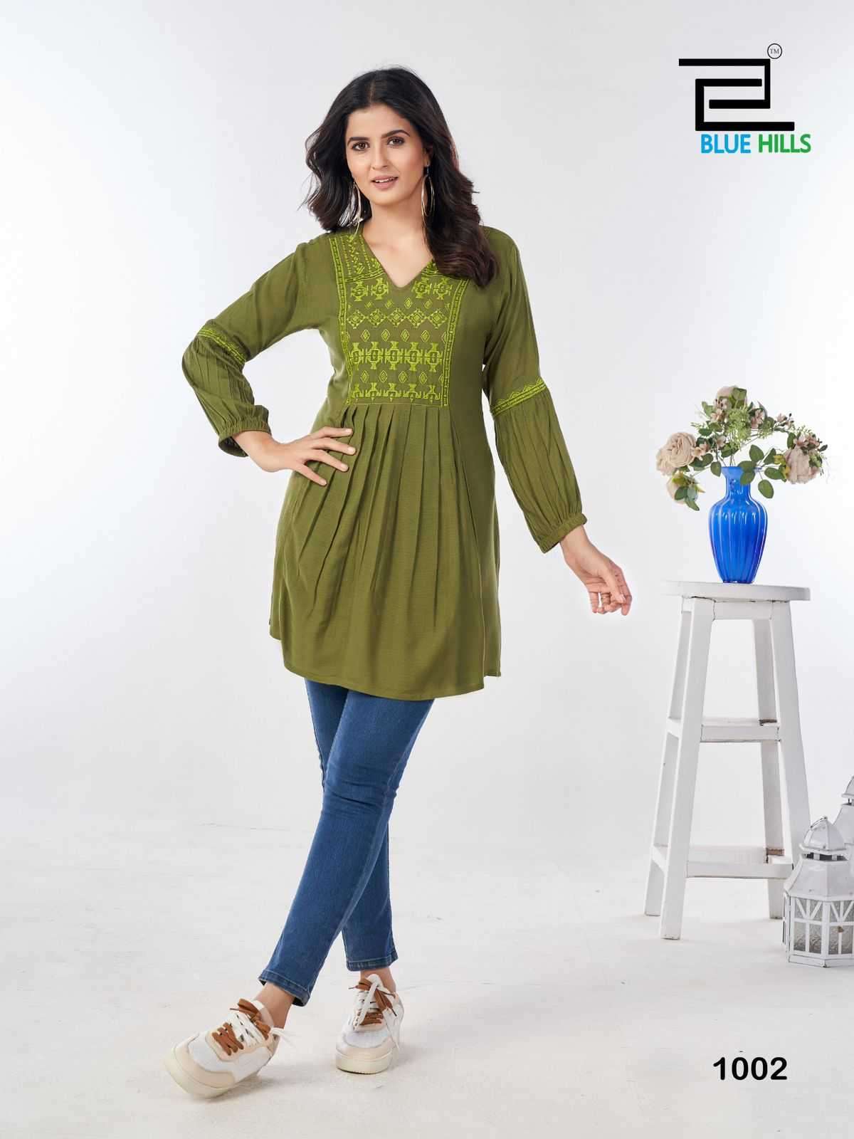 MANU BHAKER SERIES 1001 TO 1004 BY BLUE HILLS DESIGNER WORK RAYON WRINKLE TOPS ARE AVAILABLE AT WHOLESALE PRICE