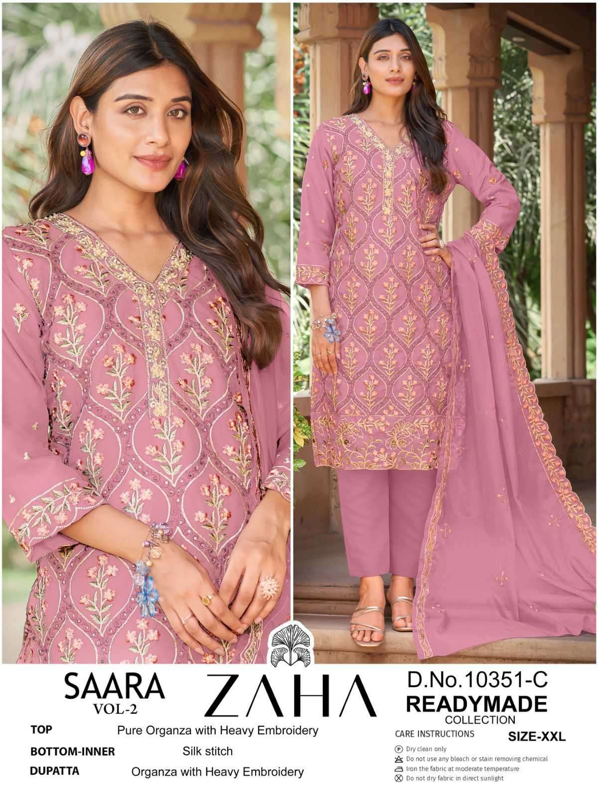 SAARA VOL-2 SERIES 10351 BY ZAHA DESIGNER EMBROIDERY WORK ORGANZA PAKISTANI STYLE SUITS ARE AVAILABLE AT WHOLESALE PRICE 