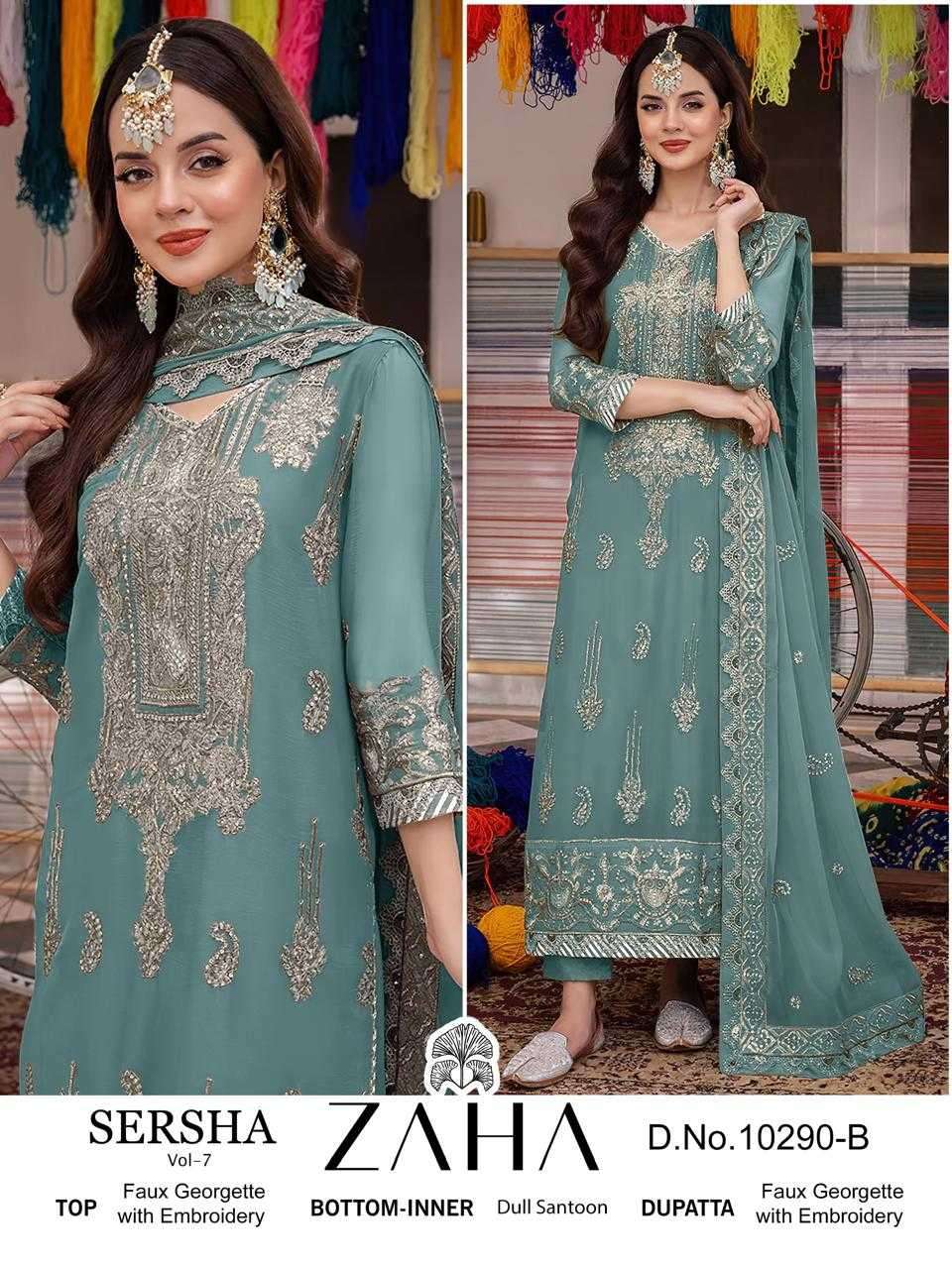 SERSHA VOL-7 SERIES 10290A TO 10290C BY ZAHA DESIGNER WITH WORK PAKISTANI STYLE ORGANZA SUITS ARE AVAILABLE AT WHOLESALE PRICE