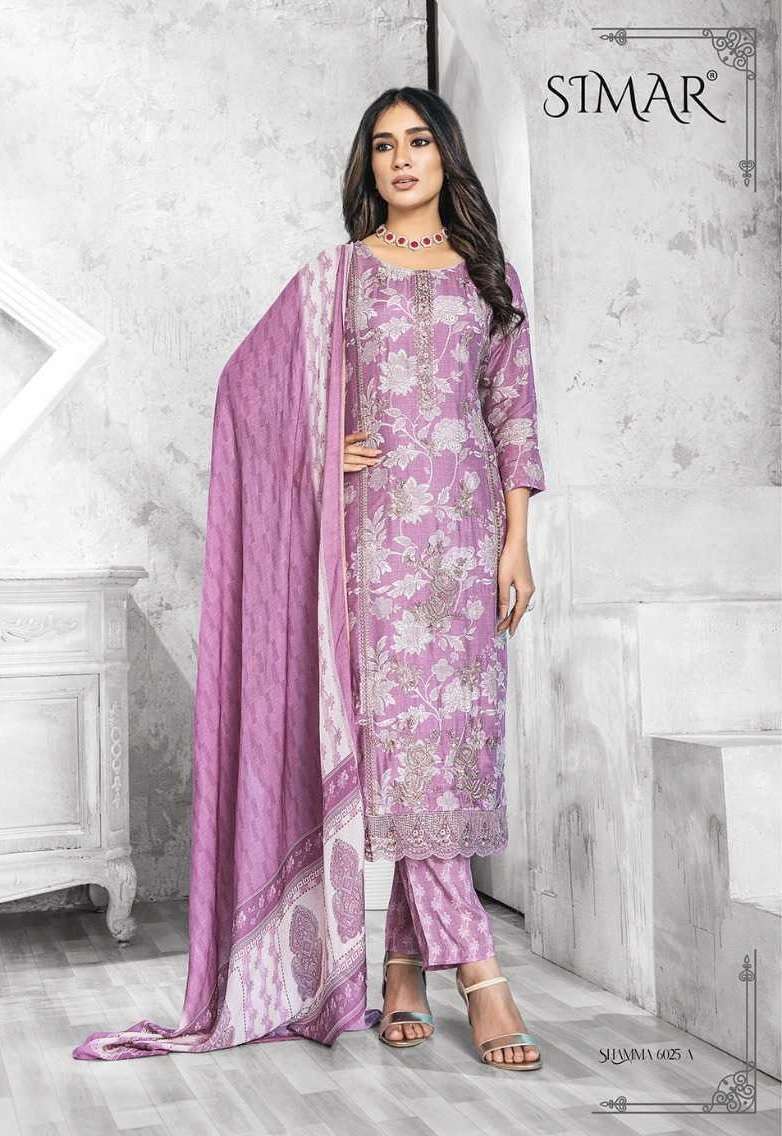 SHAMMA SERIES 6025 BY SIMAR GLOSSY DESIGNER DIGITAL PRINTED AND WORK VISCOSE MUSLIN SUITS ARE AVAILABLE AT WHOLESALE PRICE 