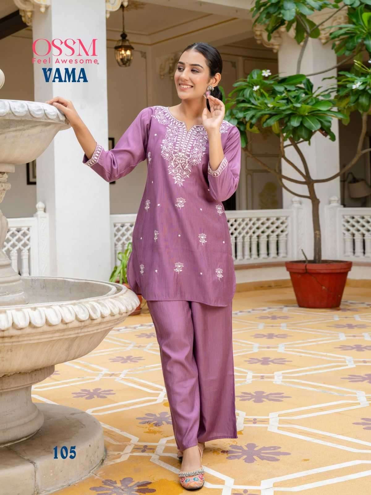 VAMA SERIES 101 TO 106 BY OSSM DESIGNER WORK VISCOSE CO ORD SETS ARE AVAILABLE AT WHOLESALE PRICE