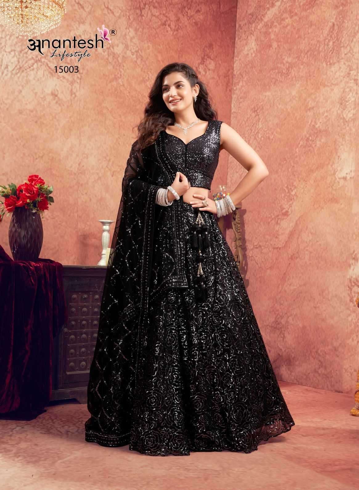 WOMEN IN BLACK SERIES 15001 TO 15003 LEHENGA BY ANANTESH DESIGNER HEAVY WORK READYMADE LEHENGAS ARE AVAILABLE AT WHOLESALE PRICE 