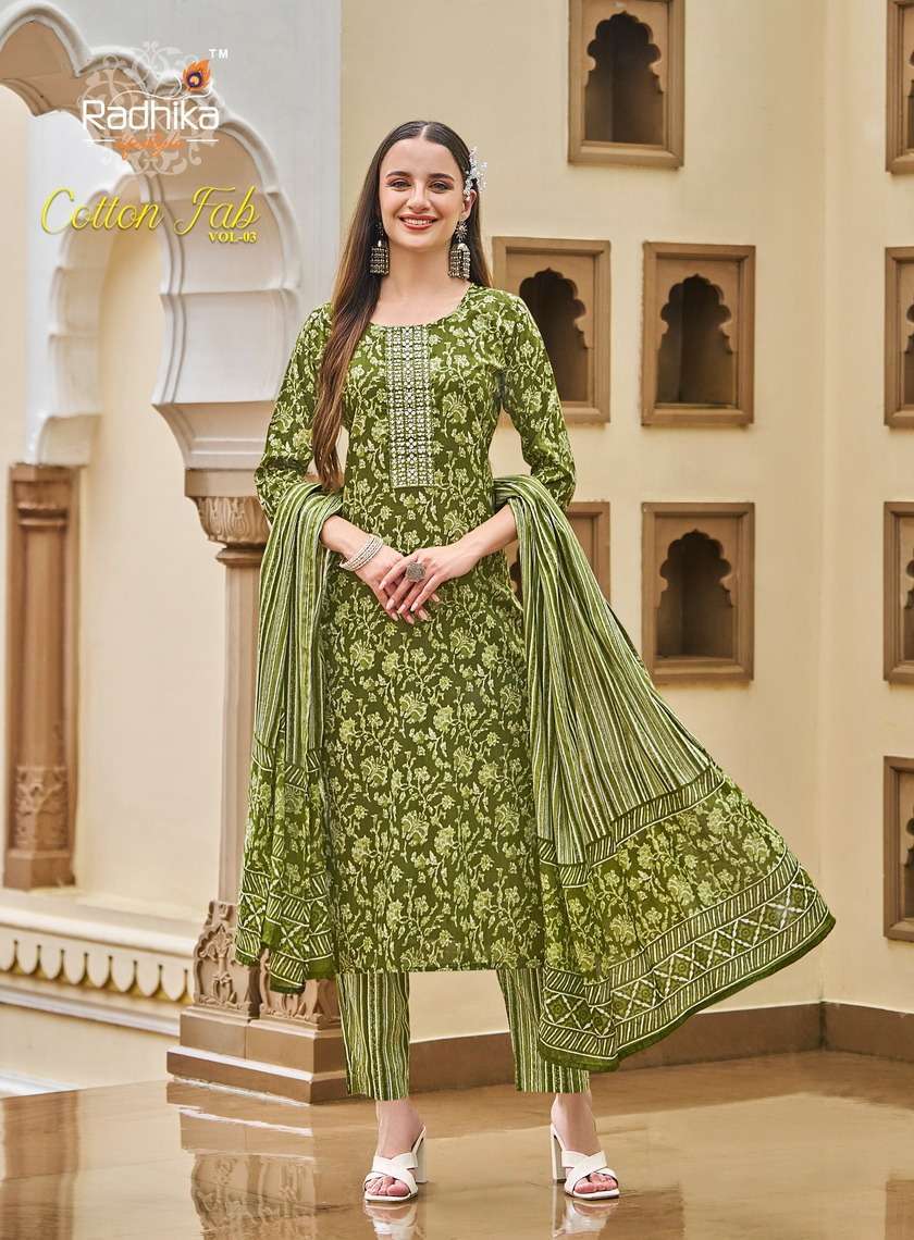 COTTON FAB VOL-3 SERIES 3001 T0 3008 BY RADHIKA DESIGNER PRINTED AND WORK COTTON KURTI WITH BOTTOM AND DUPATTA ARE AVAILABLE AT WHOLESALE PRICE