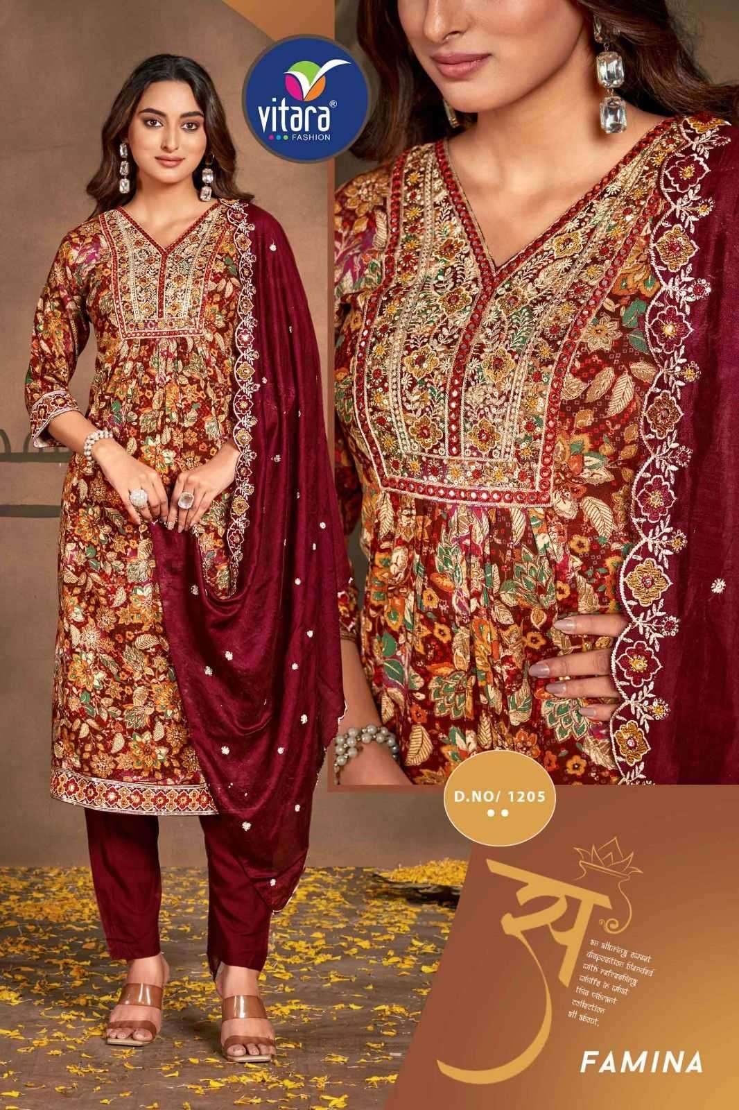 FAMINA SERIES 1205 TO 1208 BY VITARA DESIGNER FLOWER PRINT AND WORK RAUON KURTI WITH BOTTOM AND DUPATTA ARE AVAILABLE AT WHOLESALE PRICE