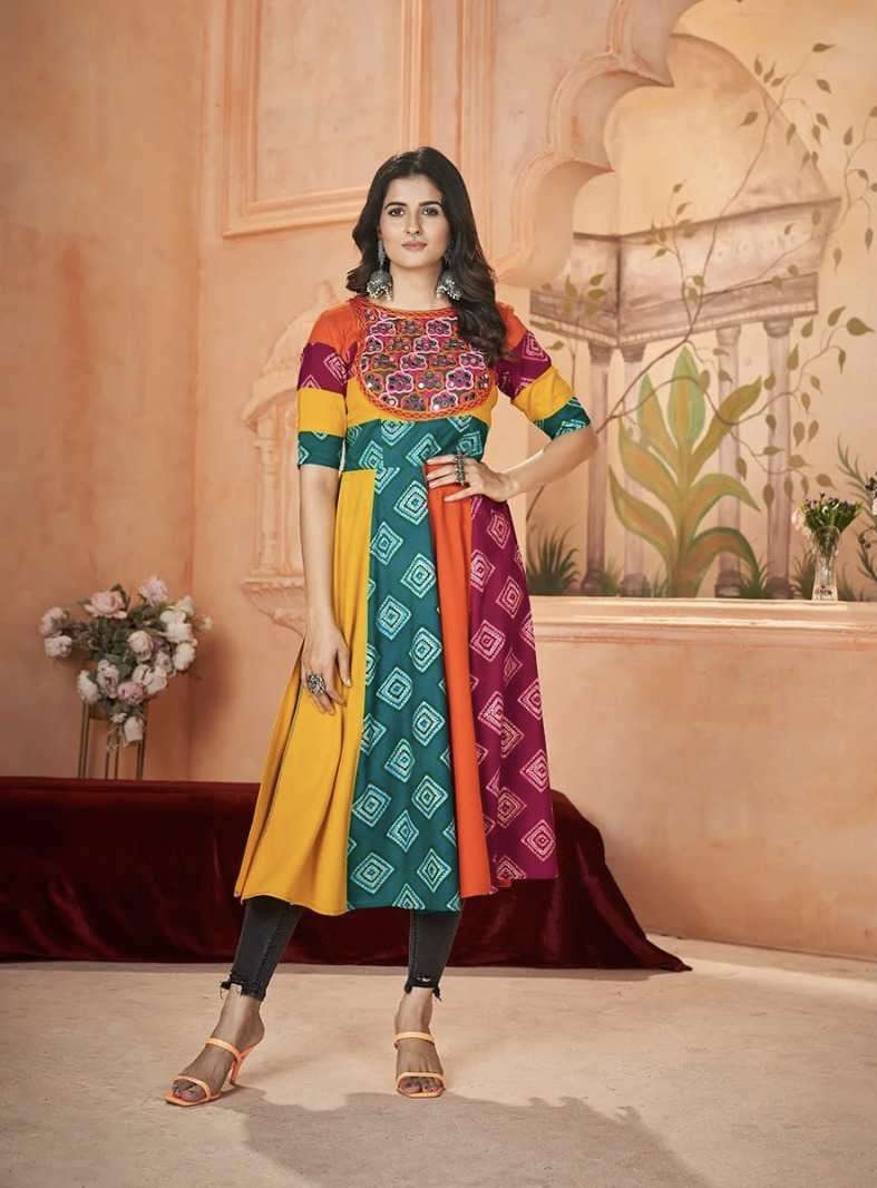 FLORY VOL-49 SERIES 5051 TO 5054 KURTI BY SHUBHKALA DESIGNER PRINTED AND EMBOIDERY WORK RAYON NAVRATRI KURTIS ARE AVAILABLE AT WHOLESALE PRICE 