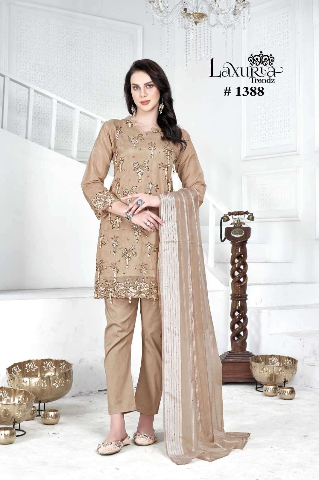 LAXURIA TRENDZ 1388 DESIGNER WITH WORK ORGANZA PAKISTANI STYLE KURTI WITH BOTTOM AND DUPATTA ARE AVAILABLE AT WHOLESALE PRICE