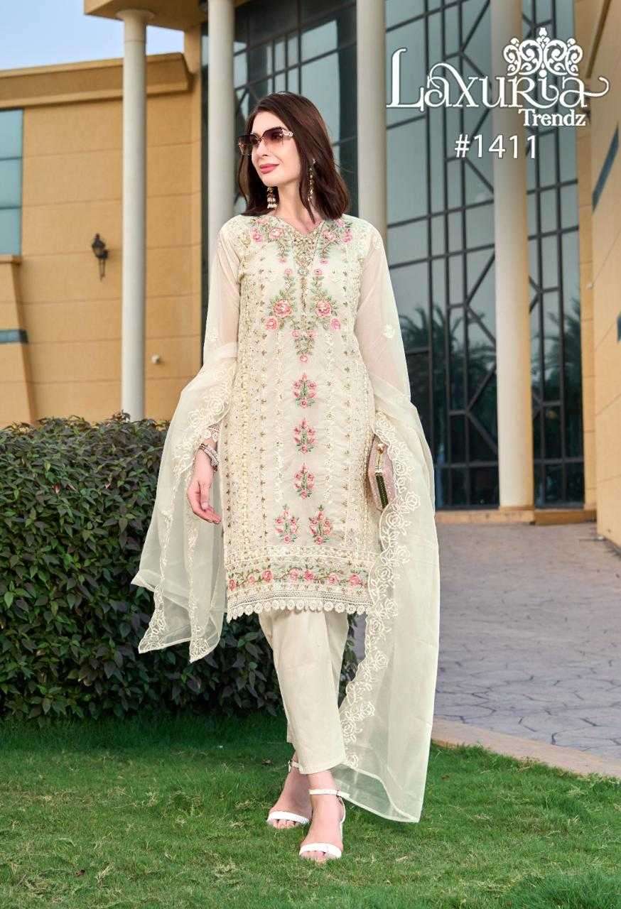 LAXURIA TRENDZ 1411 DESIGNER WITH WORK ORGANZA PAKISTANI STYLE KURTI WITH BOTTOM AND DUPATTA ARE AVAILABLE AT WHOLESALE PRICE