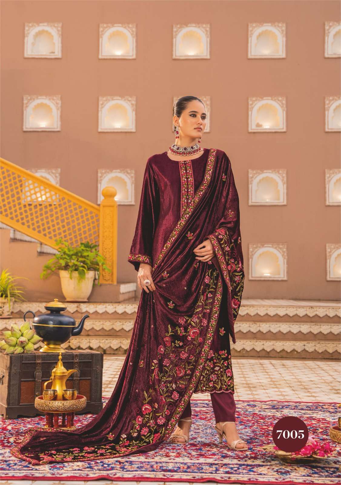 LIBAS E KHAAS SERIES 7002 TO 7005 BY SIMAR GLOSSY DESIGNER EMBROIDERY WORK VISCOSE VELVET SUITS ARE AVAILABLE AT WHOLESALE PRICE