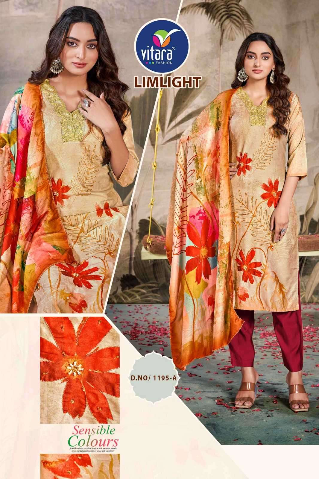 LIME LIGHT SERIES 1155 BY VITARA DESIGNER DIGITAL PRINTED AND HAND WORK MUSLIN TOP WITH BOTTOM AND DUPATTA ARE AVAILABLE AT WHOLESALE PRICE
