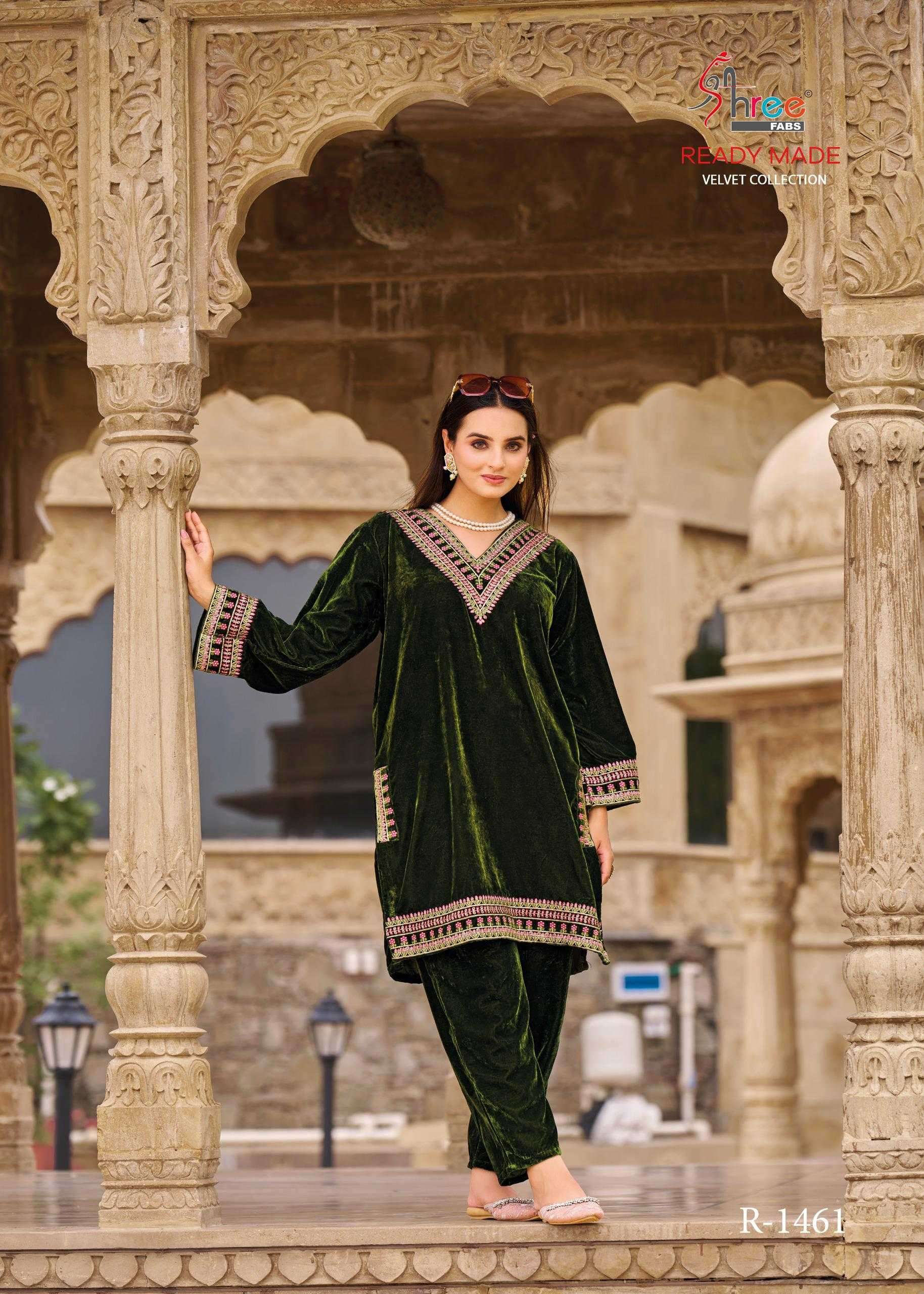 R 1461 BY SHREE FABS DESIGNER WORK VISCOSE VELVET CO ORD SETS ARE AVAILABLE AT WHOLESALE PRICE