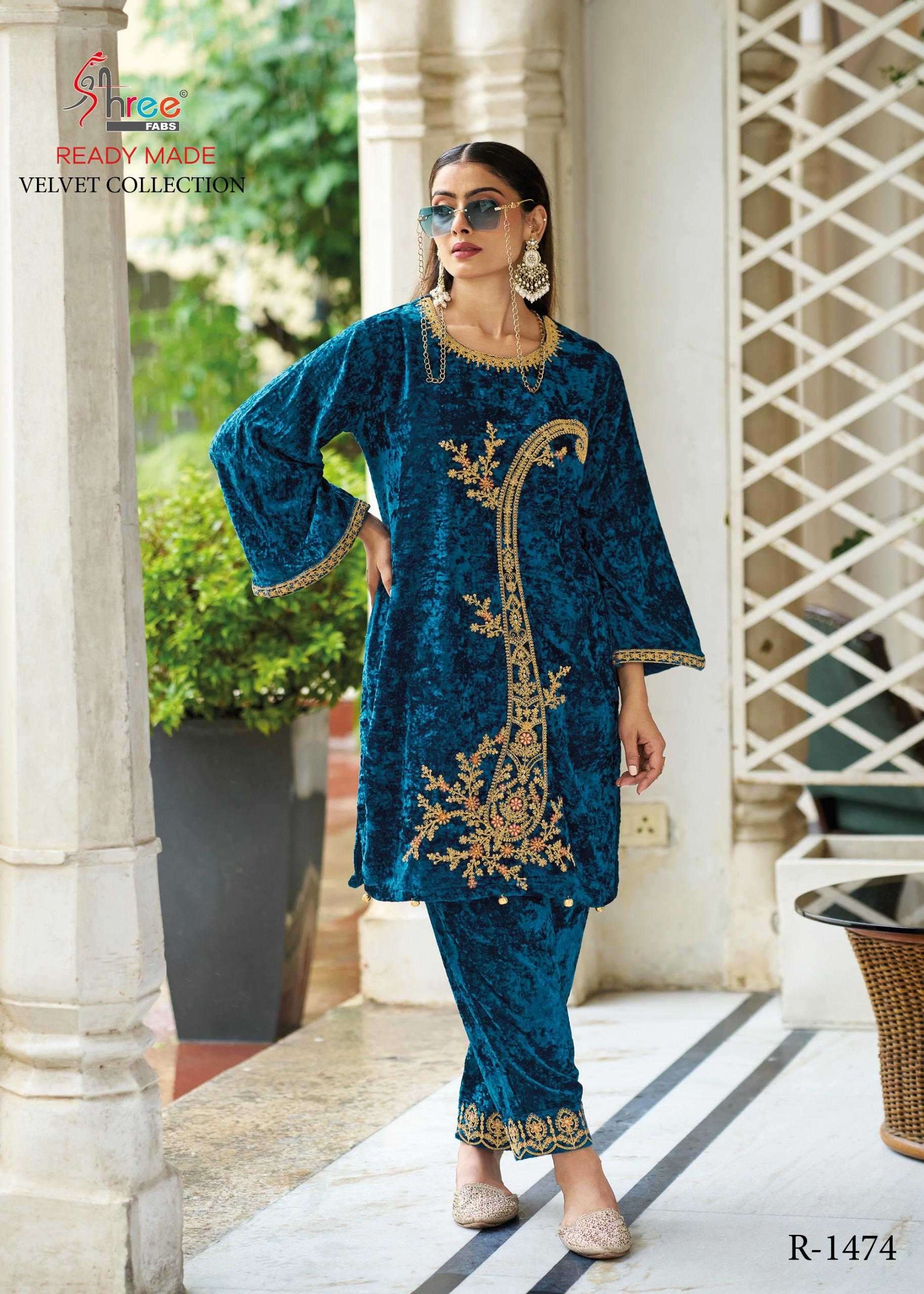 R 1474 BY SHREE FABS DESIGNER EMBROIDERY WORK VISCOSE VELVET KURTI WITH PANT ARE AVAILABLE AT WHOLESALE PRICE