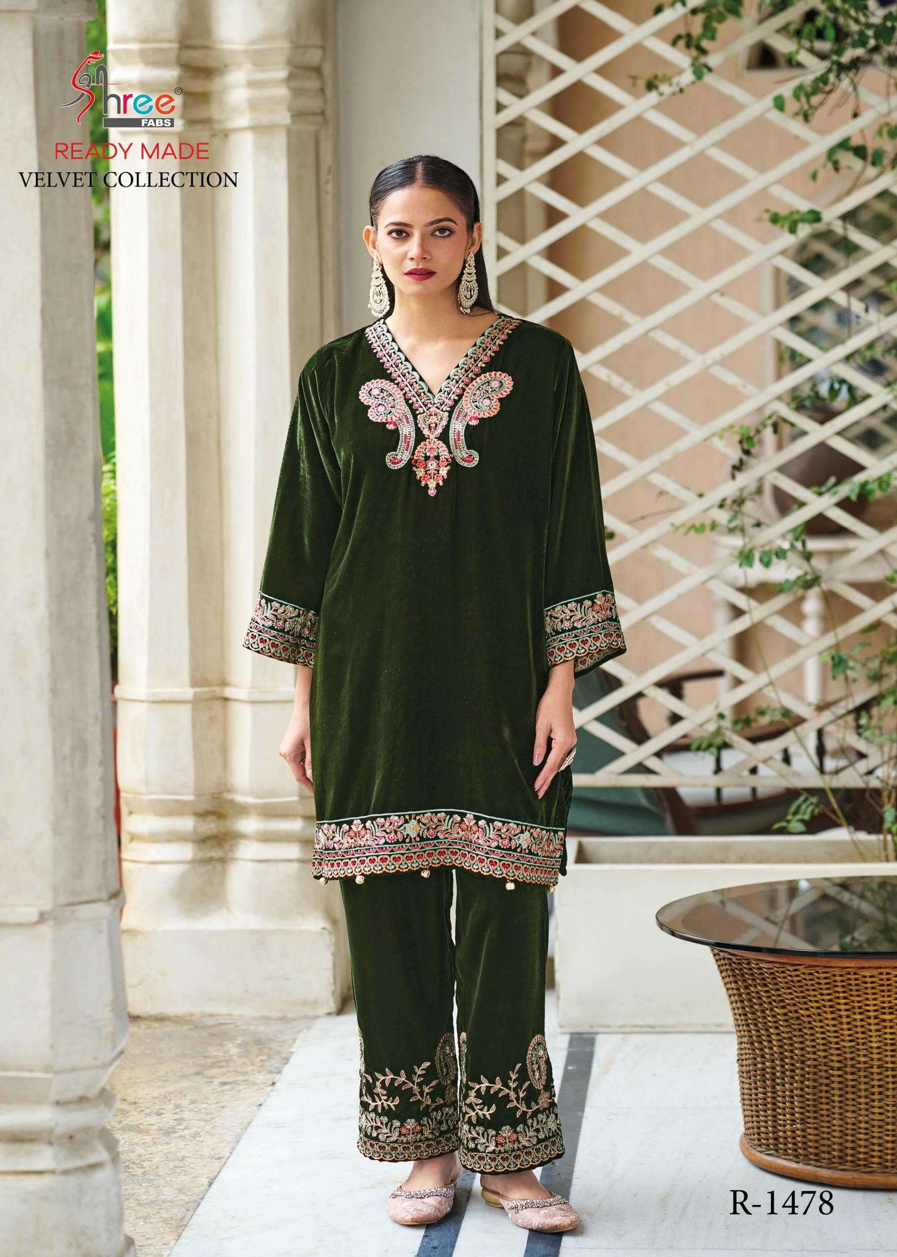 R 1478 BY SHREE FABS DESIGNER EMBROIDERY WORK VISCOSE VELVET KURTI WITH PANT ARE AVAILABLE AT WHOLESALE PRICE