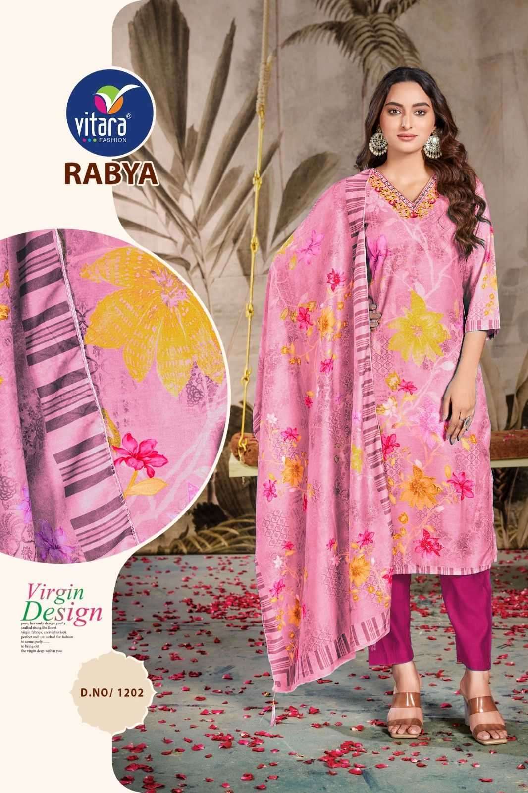 RABYA SERIES 1202 BY VITARA DESIGNER DIGITAL PRINTED AND WORK MUSLIN TOP WITH BOTTOM AND DUPATTA ARE AVAILABLE AT WHOLESALE PRICE