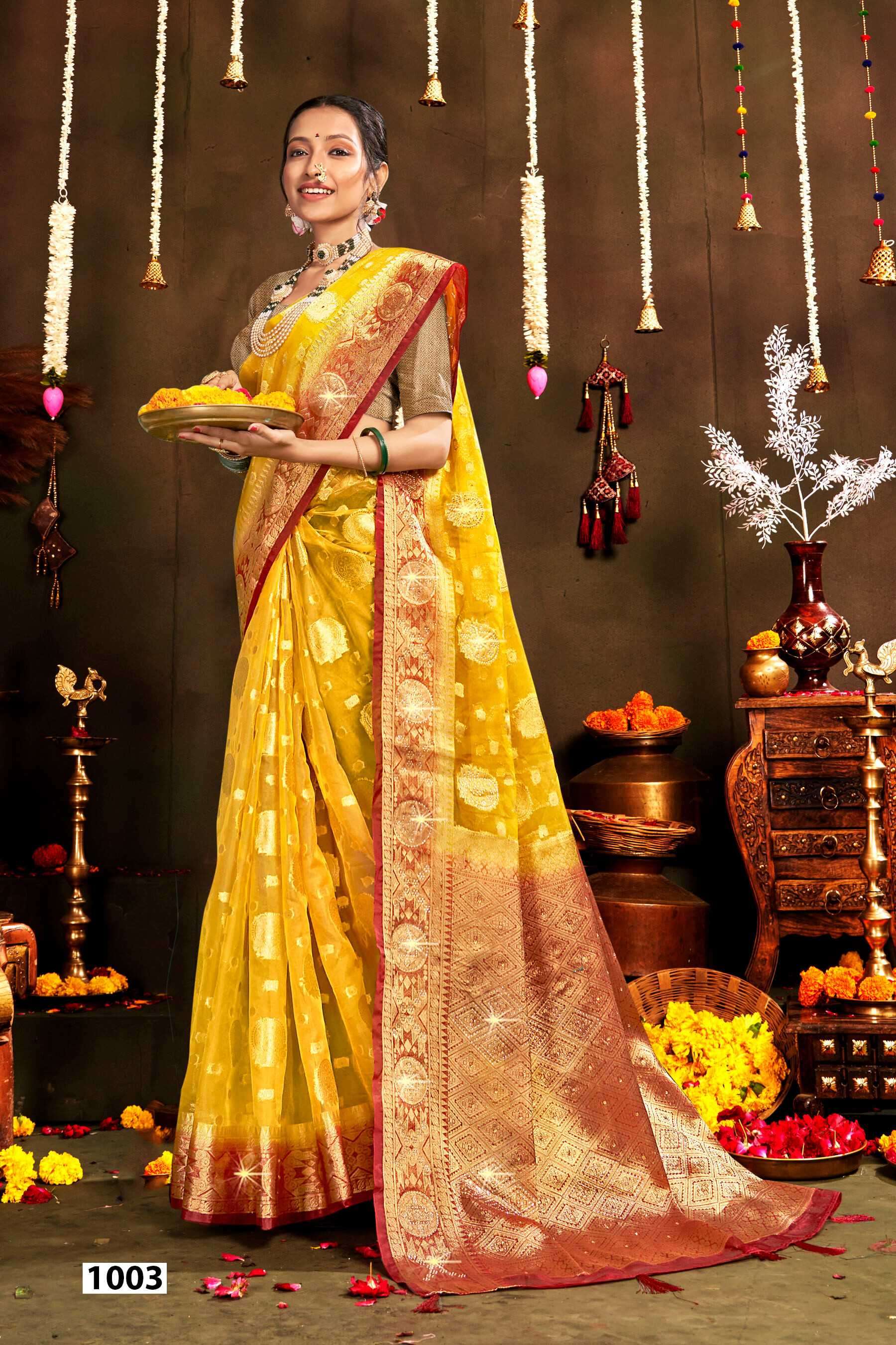 RAKHI ORGANZA SAROSKI VOL-1 SERIES 1001 TO 1006 SAREE BY SAROJ DESIGNER ORGANZA SAREES ARE AVAILABLE AT WHOLESALE PRICE