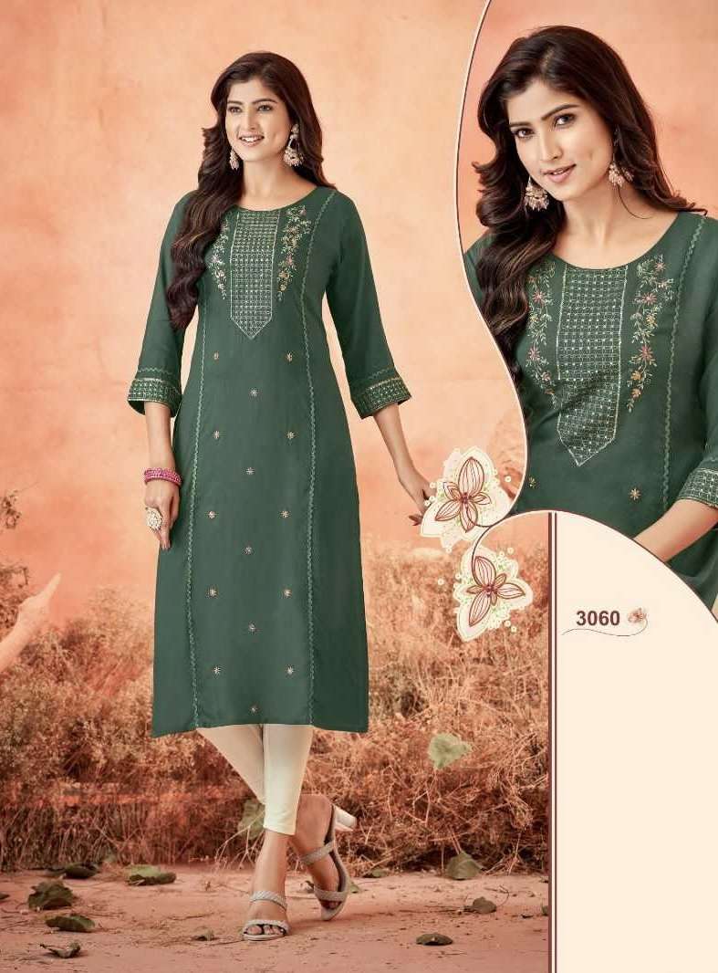 SERENA VOL-10 SERIES 3047 TO 3052 KURTI BY LADIES FLAVOUR DESIGNER EMBROIDERY WORK RAYON KURTIS ARE AVAILABLE AT WHOLESALE PRICE