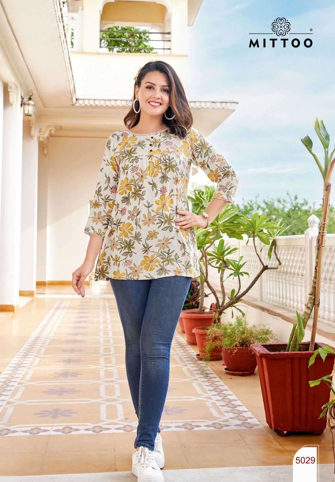 VICTORIA VOL-6 SERIES 5029 TO 5034 TOP BY MITTO DESIGNER WITH PRINTED RAYON WRINKLE SHORT TOPS ARE AVAILABLE AT WHOLESALE PRICE