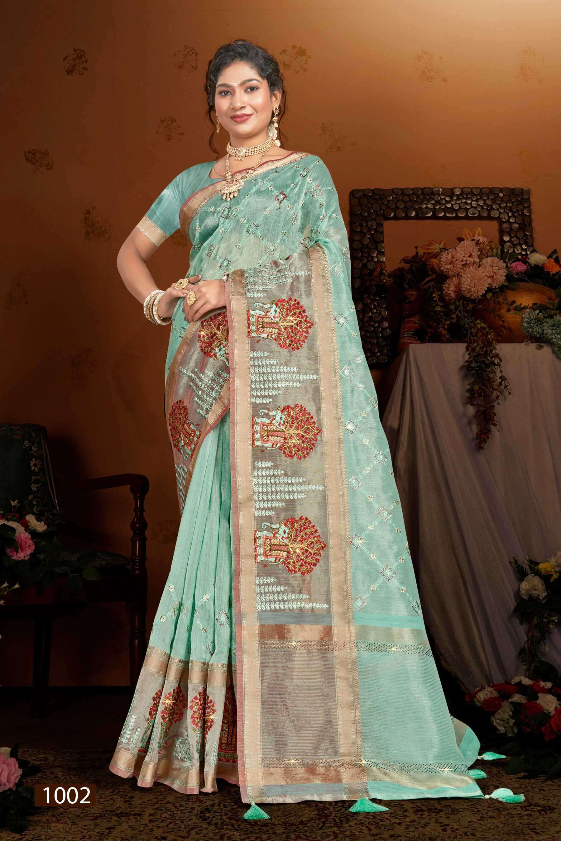 AMAIRA SILK VOL-2 SERIES 1001 TO 1006 SAREE BY SAROJ DESIGNER WORK ORGANZA SILK SAREES ARE AVAILABLE AT WHOLESALE PRICE