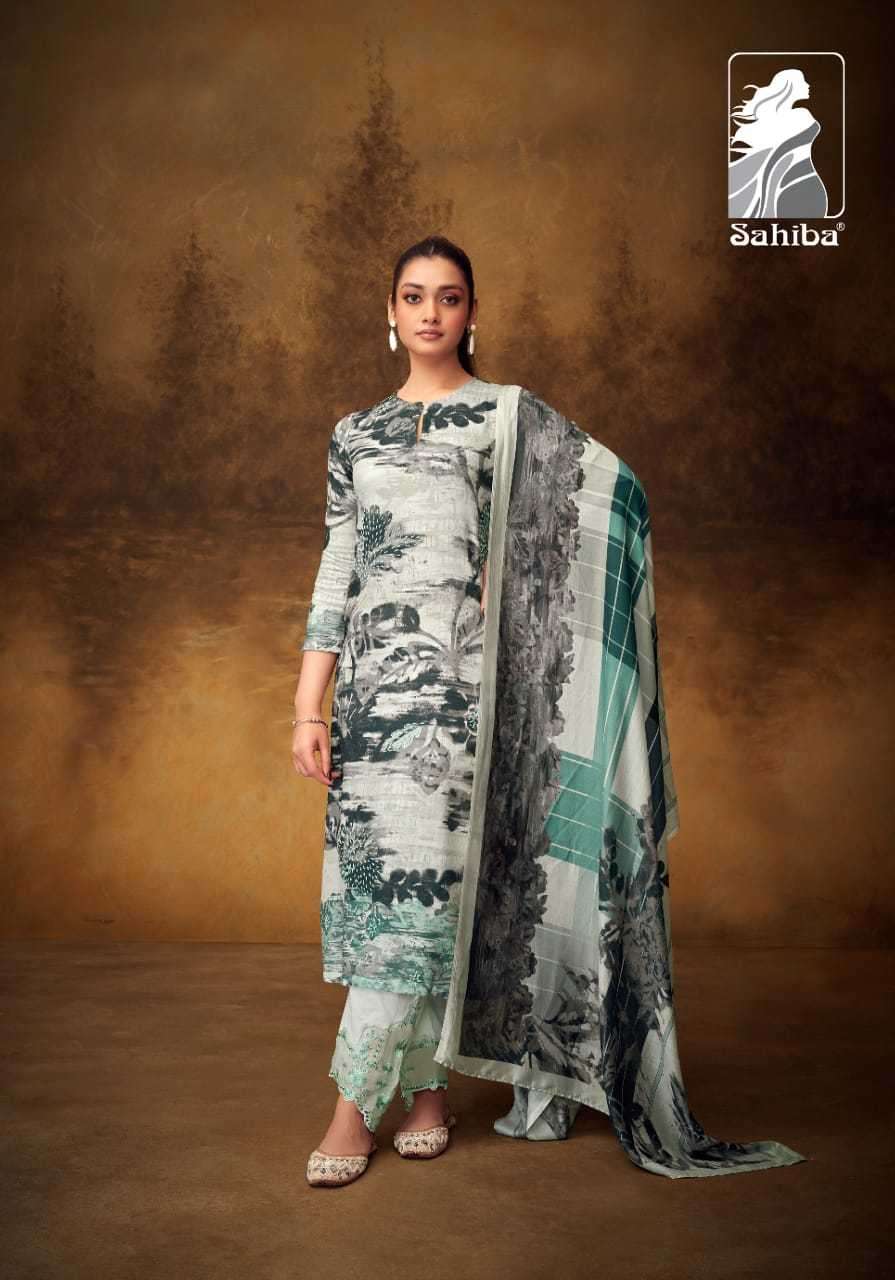 ANITYA SERIES 5200 BY SAHIBA DESIGNER PRINTED AND HAND WORK STAPLE TWILL SUITS ARE AVAILABLE AT WHOLESALE PRICE