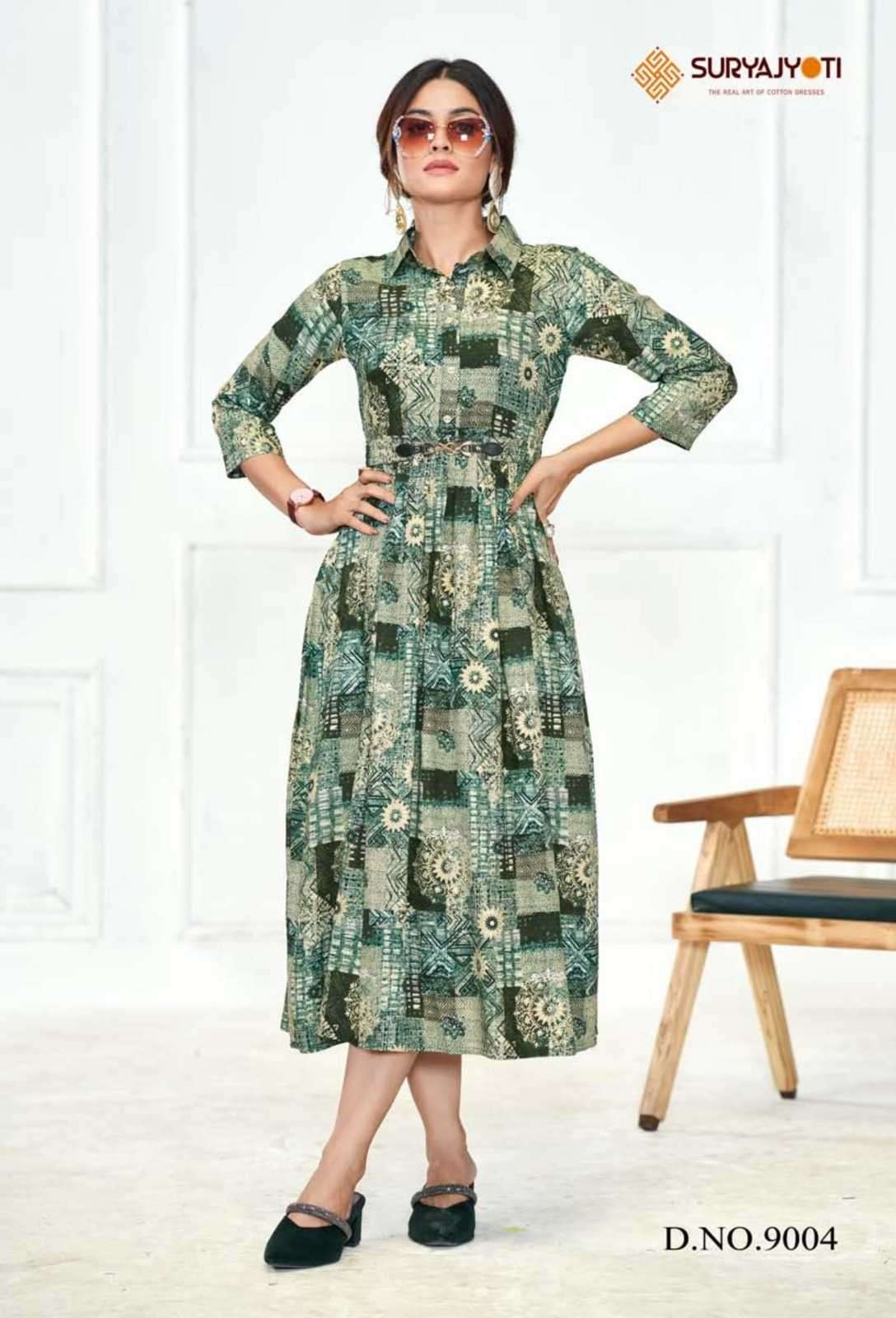 BELT VOL-9 SERIES 9001 TO 9008 KURTI BY SURYAJYOTI DESIGNER FOIL PRINTED RAYON KURTIS ARE AVAILABLE AT WHOLESALE PRICE