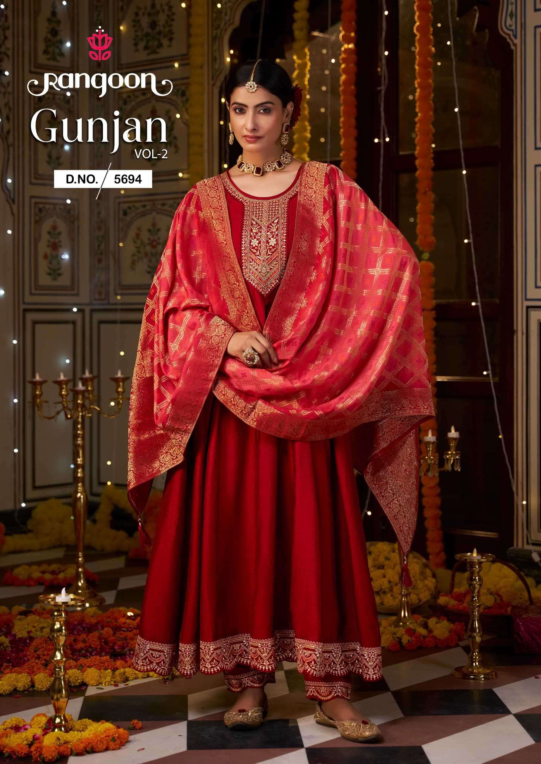 GUNJAN VOL-2 SERIES 5691 TO 5696 BY RANGOON DESIGNER WITH WORK READYMADE ANARKALI STYLE  SILK SUITS ARE AVAILABLE AT WHOLESALE PRICE