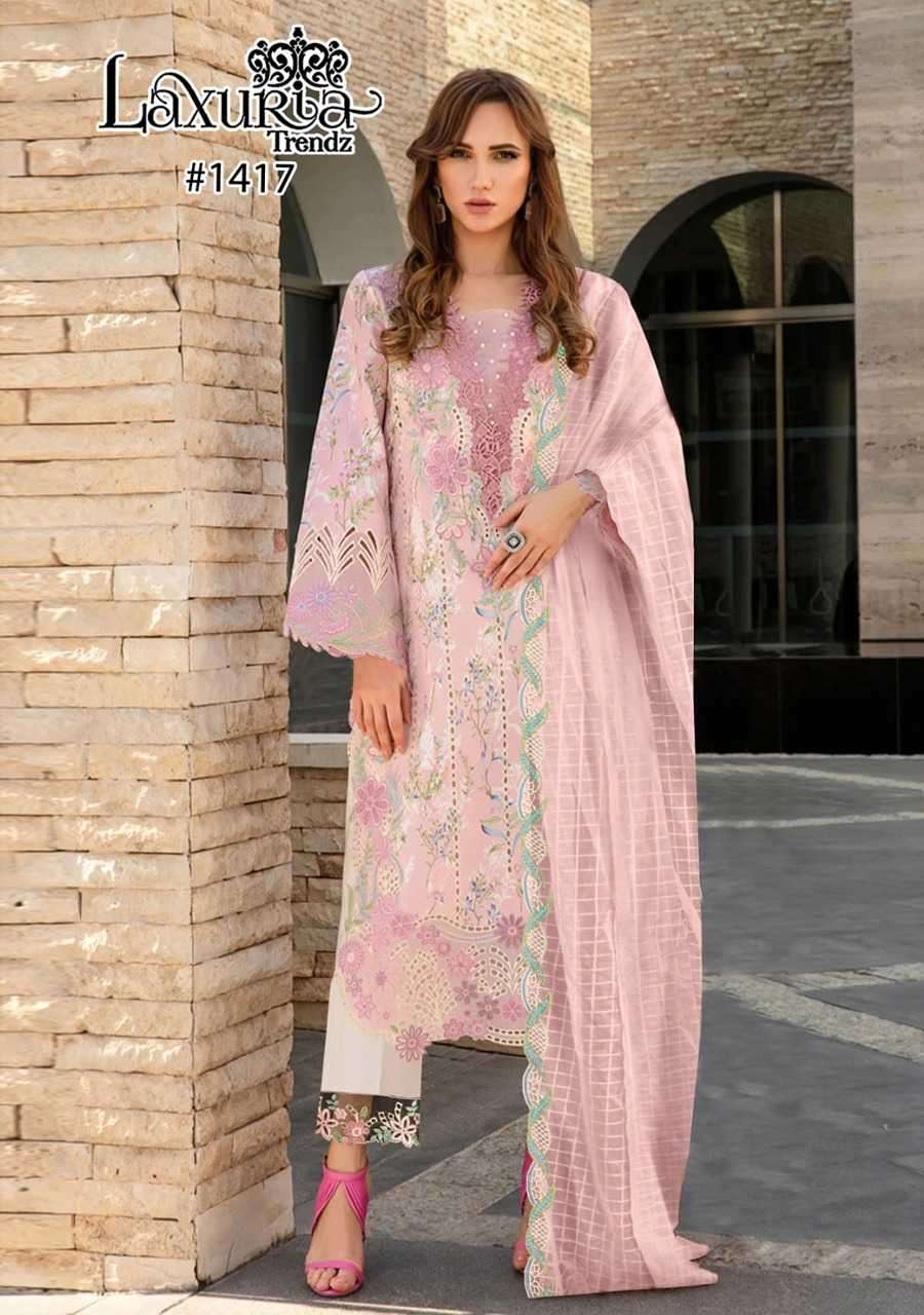 LAXURIA TRENDZ 1417 DESIGNER EMBROIDERY WORK MUSLIN PAKISTANI STYLE TOP WITH BOTTOM AND DUPATTA ARE AVAILABLE AT WHOLESALE PRICE