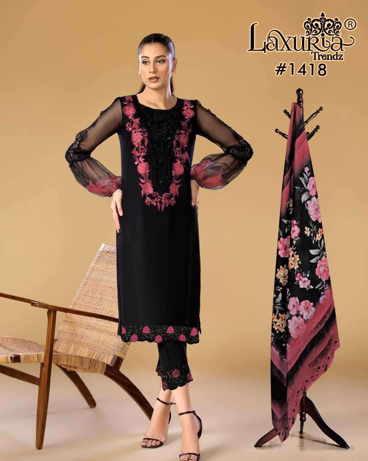 LAXURIA TRENDZ 1418 DESIGNER EMBROIDERY WORK GEORGETTE PAKISTANI STYLE TOP WITH PANT AND DUPATTA ARE AVAILABLE AT WHOLESALE PRICE