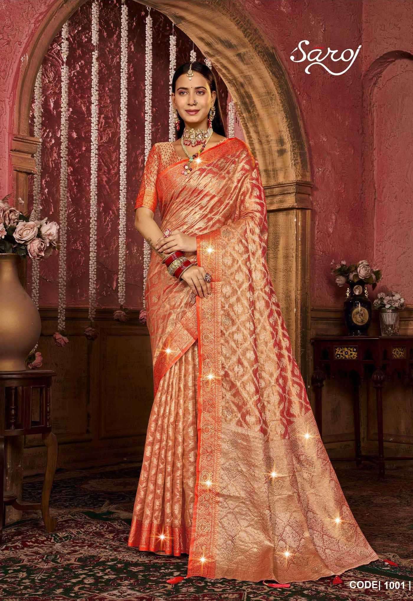 LILLY TISSUE SAROSKI VOL-3 SERIES 1001 TO 1006 SAREE BY SAROJ DESIGNER ORGANZA SILK SAREES ARE AVAILABLE AT WHOLESALE PRICE