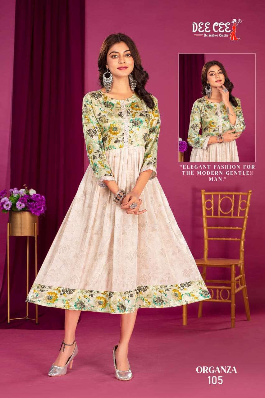 ORGANZA SERIES 101 TO 106 KURTI BY DEE CEE DESIGNER PRINTED AND WORK FALIRED SATIN KURTIS ARE AVAILABLE AT WHOLESALE PRICE