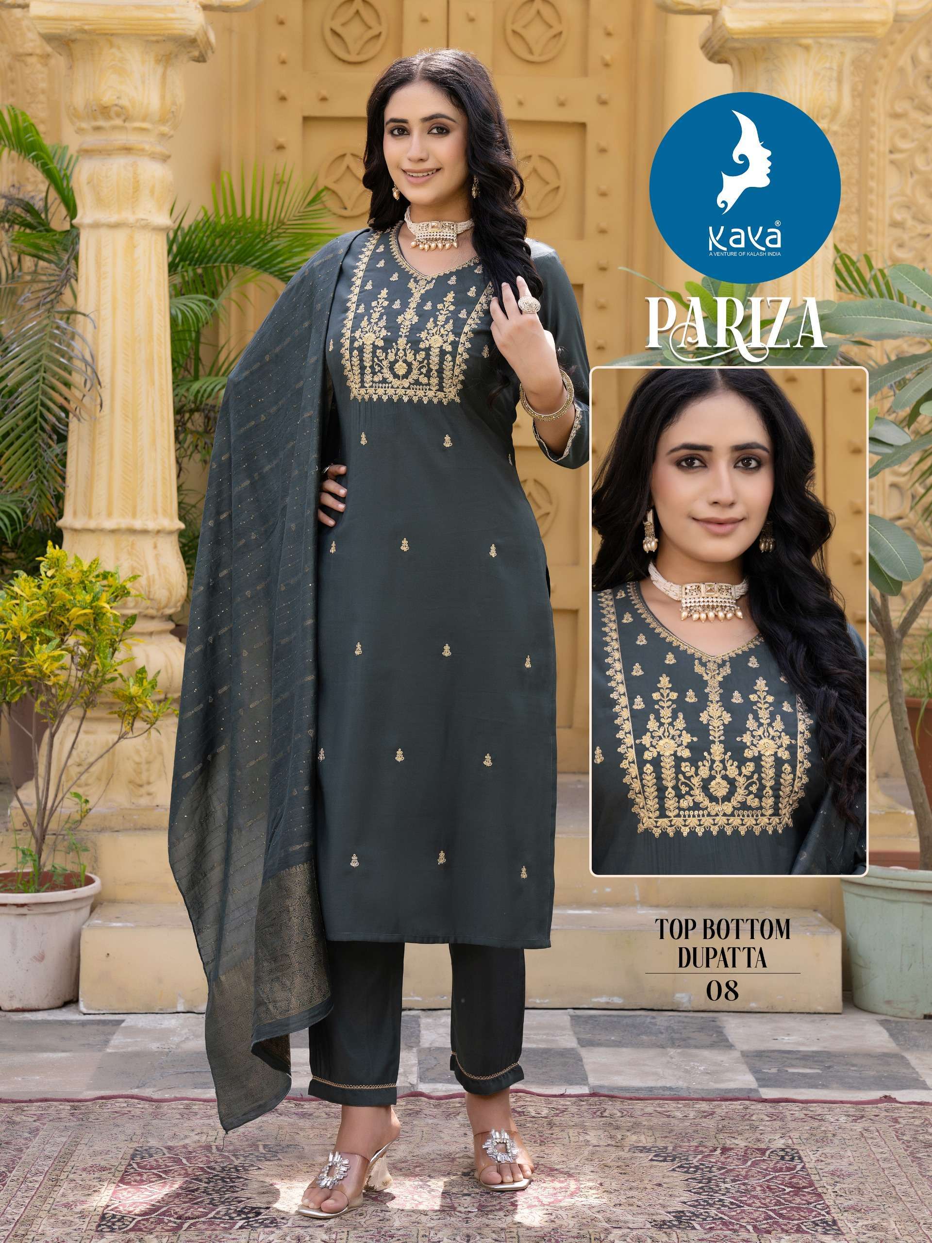 PARIZA SERIES 01 TO 08 BY KAYA DESIGNER WORK ROMAN SILK TOP WITH BOTTOM AND DUPATTA ARE AVAILABLE AT WHOLESALE PRICE