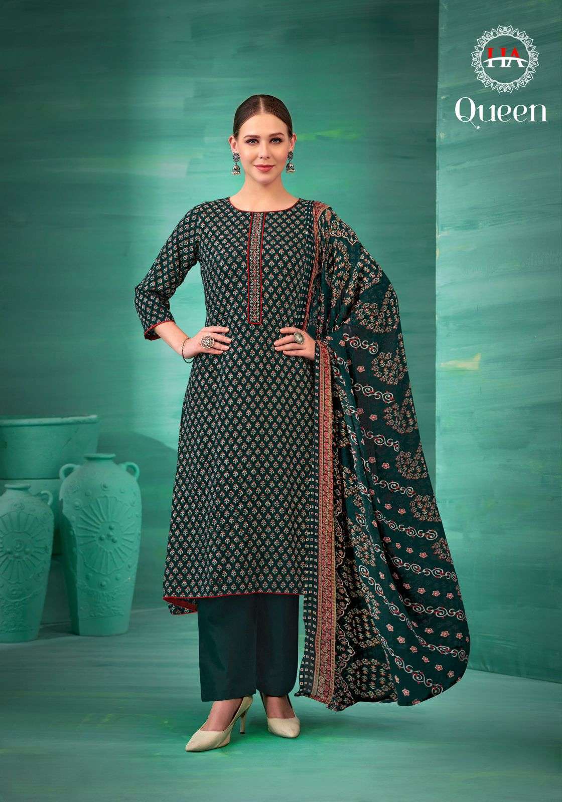 QUEEN SERIES 1683 BY HARSHIT FASHION DESIGNER PRINTED AND EMBROIDERY WORK VISCOSE RAYON SUITS ARE AVAILABLE AT WHOLESALE PRICE