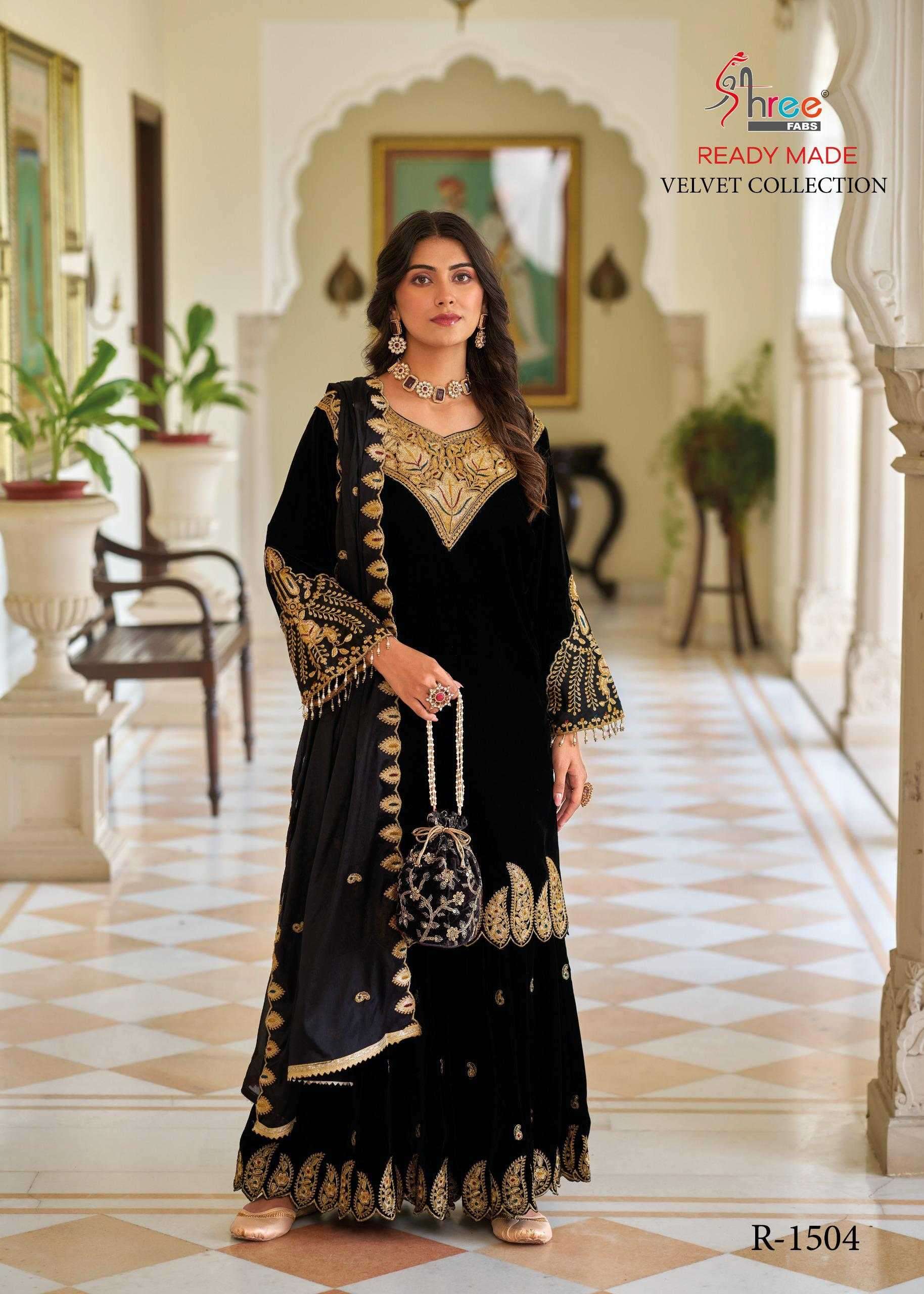 R 1504 BY SHREE FABS DESIGNER HEAVY WORK VELVET READYMADE SUITS ARE AVAILABLE AT WHOLESALE PRICE