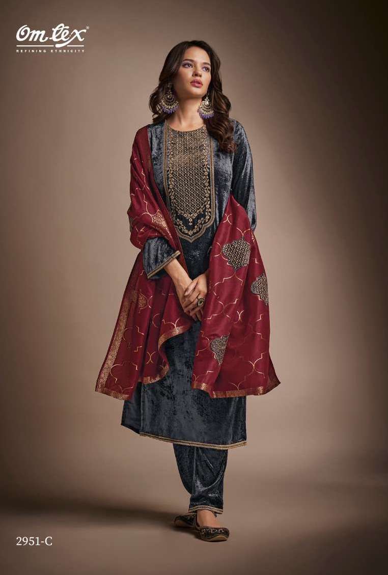 RAKS SERIES 2951 BY OMTEX DESIGNER EMBROIDERY WORK VELVET SUITS ARE AVAILABLE AT WHOLESALE PRICE