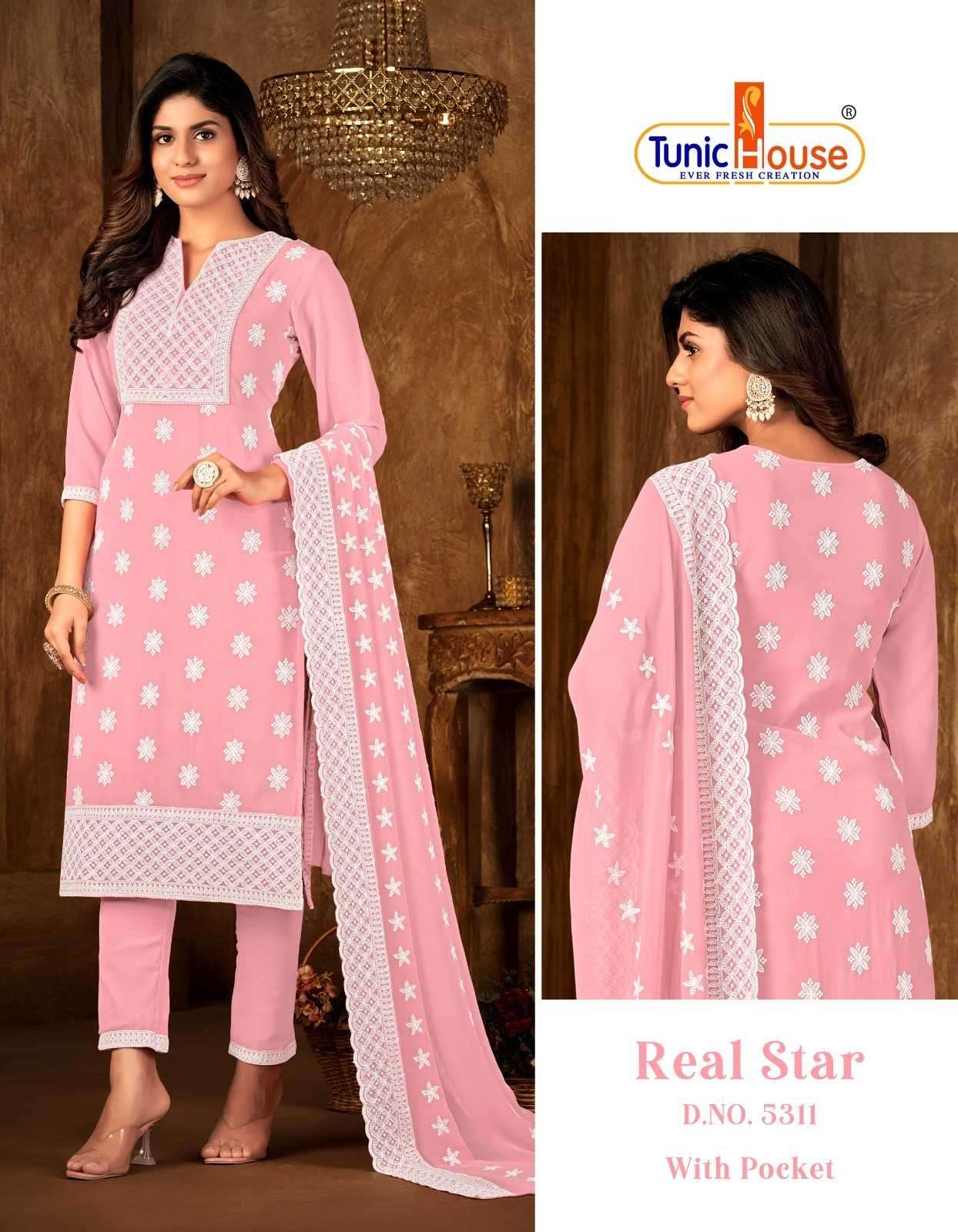 REAL STAR SERIES 5301 TO 5310 B Y TUNIC HOUSE DESIGNER WORK GEORGETTE TOP WITH BOTTOM AND DUPATTA ARE AVAILABLE AT WHOLESALE PRICE