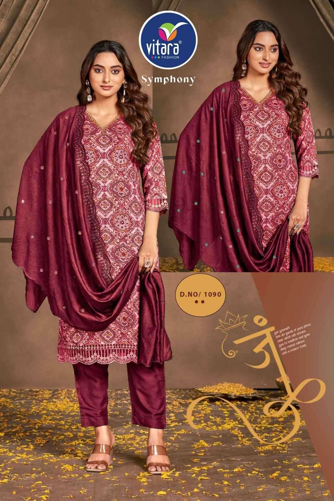 SYMPHONEY SERIES 1087 TO 1090 BY VITARA DESIGNER PRINTED AND WORK RAYON TOP WITH BOTTOM AND DUPATTA ARE AVAILABLE AT WHOLESALE PRICE