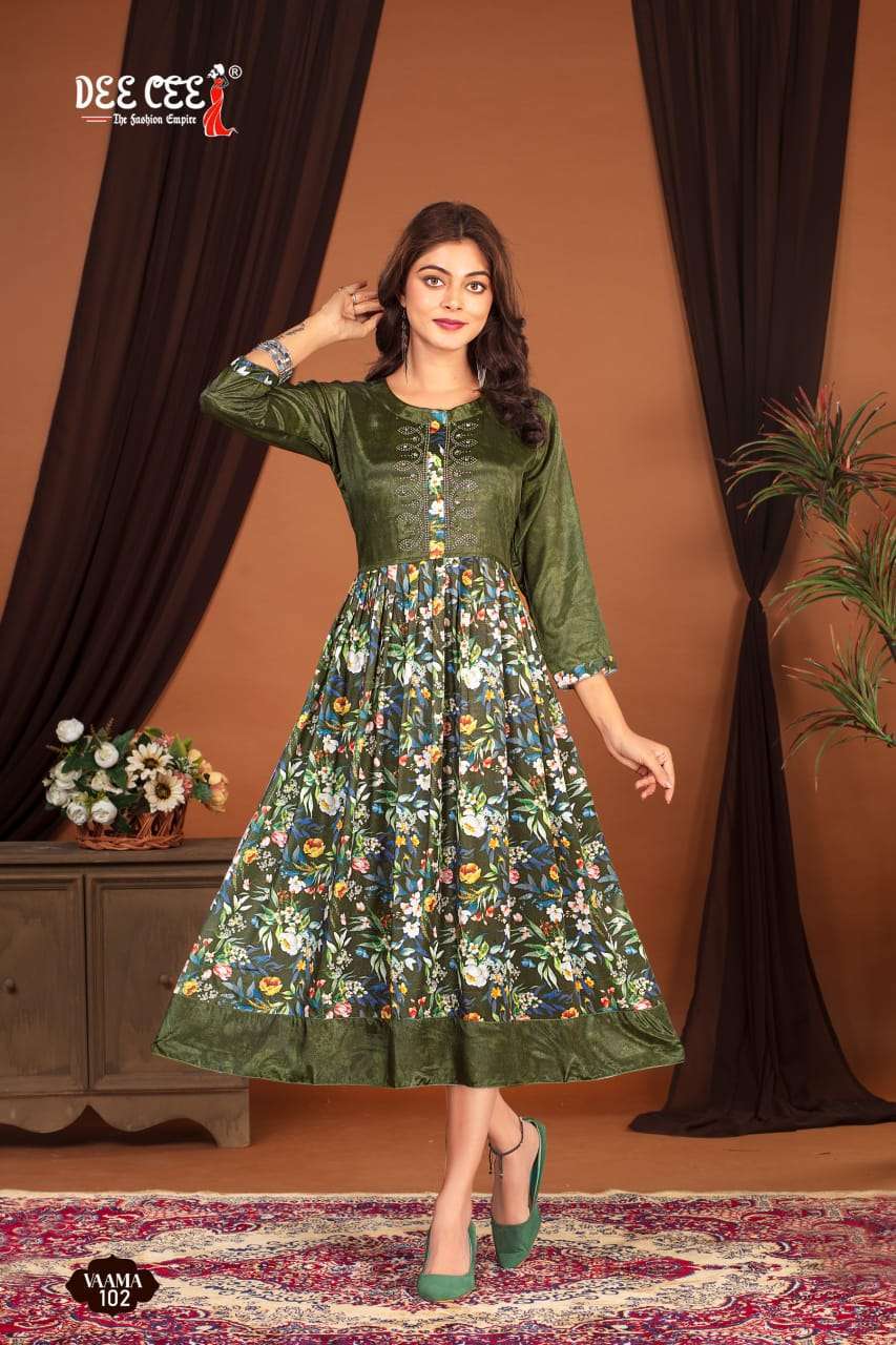 VAAMA SERIES 101 TO 106 KURTI BY DEE CEE DESIGNER PRINTED AND WORK FALIRED SATIN KURTIS ARE AVAILABLE AT WHOLESALE PRICE