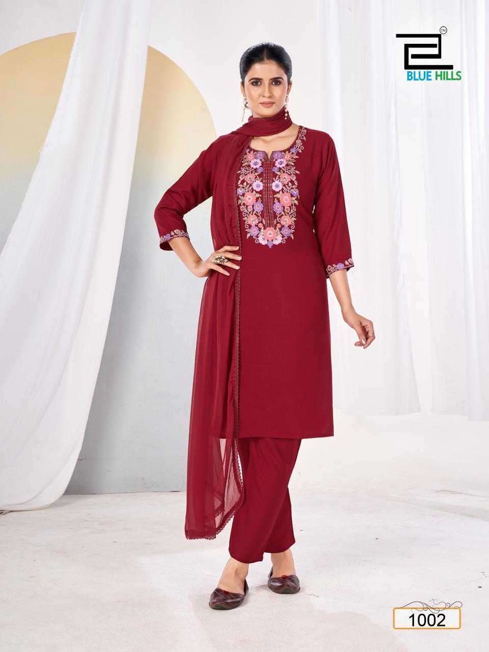 VANSIKA SERIES 1001 TO 1004 BY BLUE HILLS DESIGNER EMBROIDERY WORK RAYON KURTI WITH BOTTOM AND DUPATTA ARE AVAILABLE AT WHOLESALE PRICE