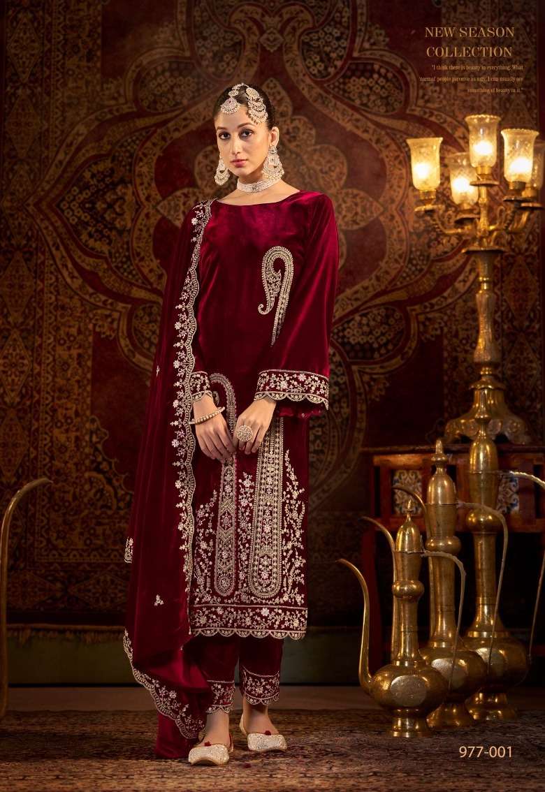 WINTER LUXURY SERIES 977 BY BELLIZA DESIGNER HEAVY WORK VELVET STRAIGHT SUITS ARE AVAILABLE AT WHOLESALE PRICE