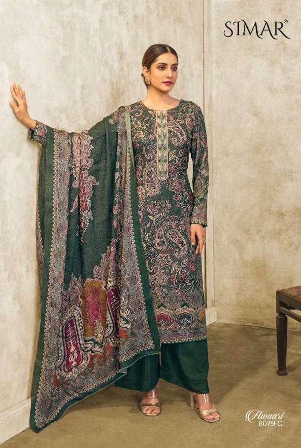 AWAARI SERIES 8079 BY SIMAR GLOSSY DESIGNER DIGITAL PRINTED EMBROIDERY WORK VISCOSE PASHMINA SUITS ARE AVAILABLE AT WHOLESALE PRICE