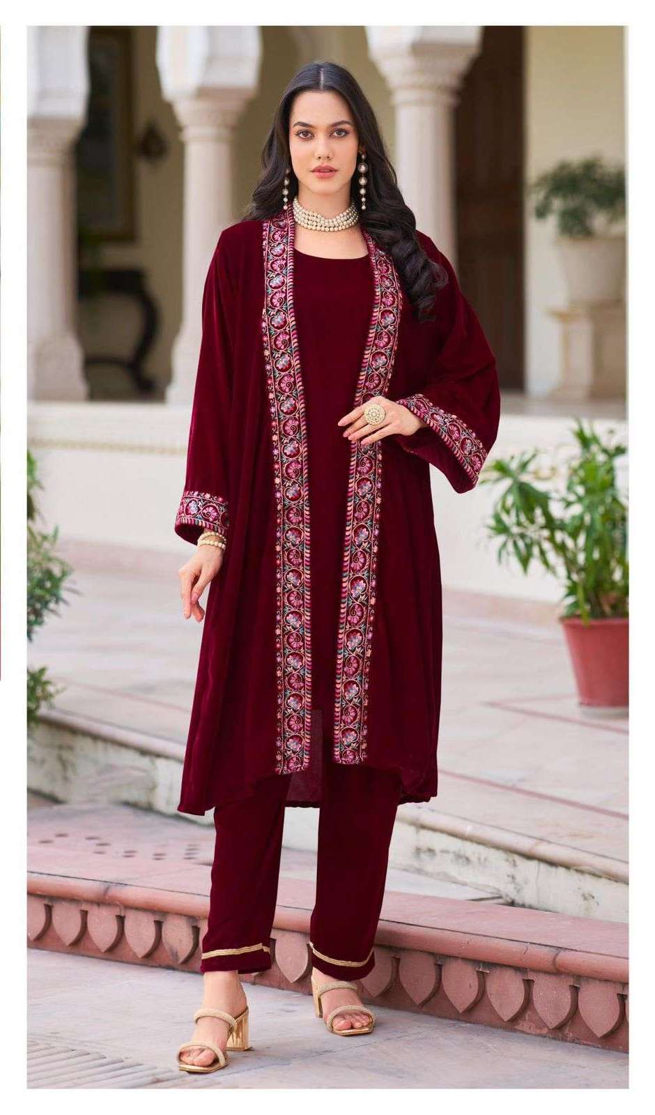 D 657 BY DEEPSY DESIGNER EMBROIDERY WORK VELVET TOP WITH SHRUG AND BOTTOM ARE AVAILABLE AT WHOLESALE PRICE