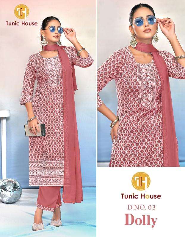 DOLLY SERIES 01 TO 05 BY TUNIC HOUSE DESIGNER WORK VISCOSE RAYON TOP WITH BOTTOM AND DUPATTA ARE AVAILABLE AT WHOLESALE PRICE
