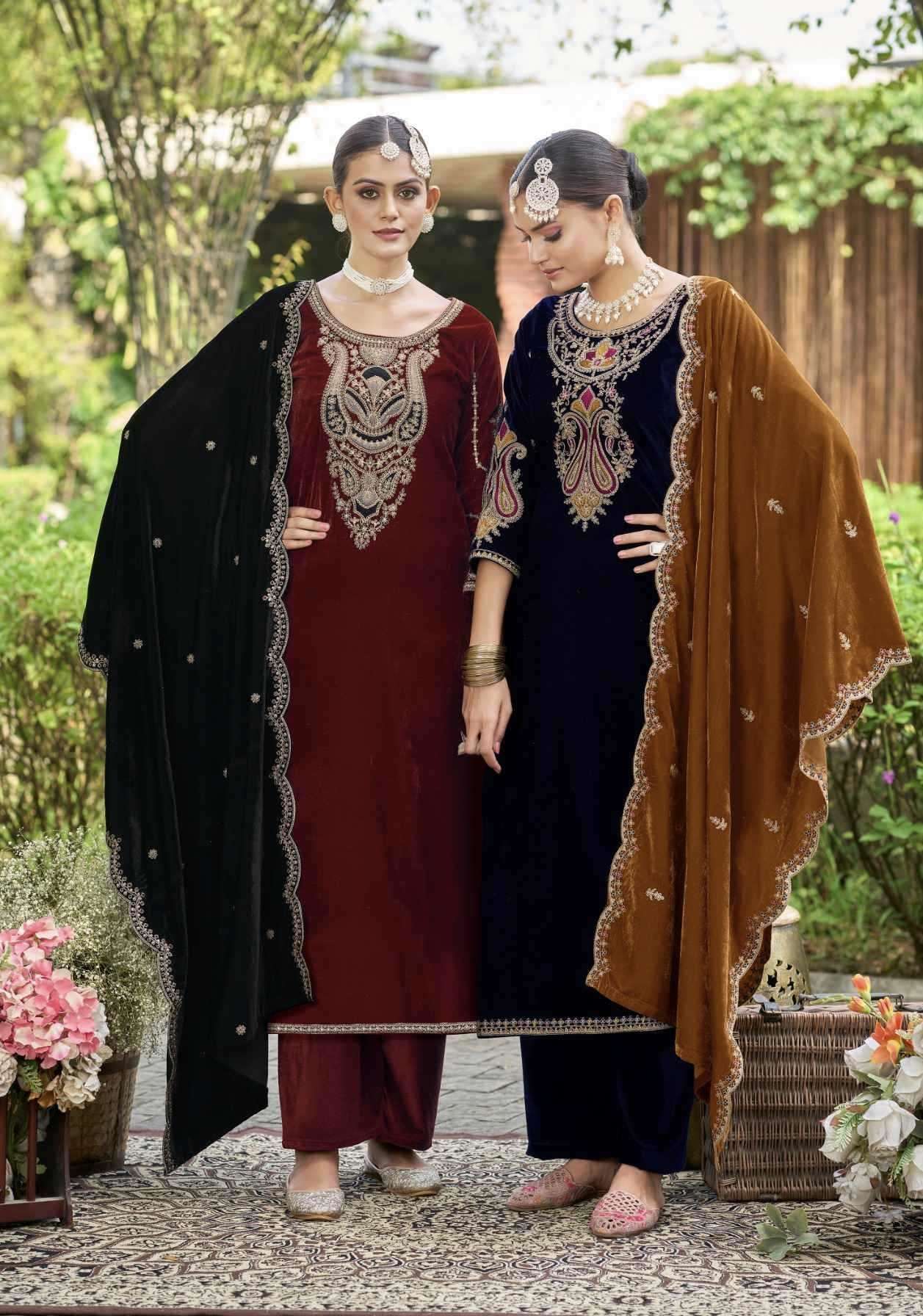 EK NAZAR SERIES 1013 TO 1018 BY LEVISHA DESIGNER EMBROIDERY WORK VELVET SUITS ARE AVAILABLE AT WHOLESALE PRICE