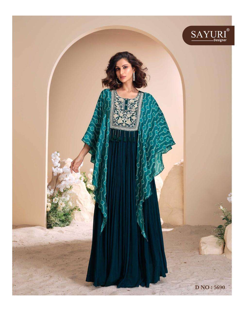 MOHEY SERIES 5690 TO 5692 BY SAYURI DESIGNER WORK PARTY WEAR READYMADE CHINON SILK SUITS ARE AVAILABLE AT WHOLESALE PRICE