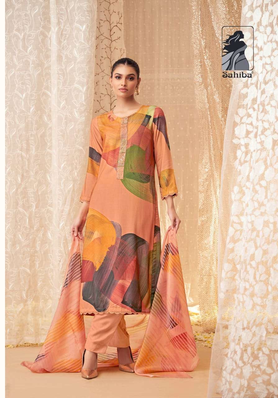 NAZMA SERIES 400 BY SAHIBA DESIGNER DIGITAL PRINTED AND HAND WORK STAPLE TWILL SUITS ARE AVAILABLE AT WHOLESALE PRICE