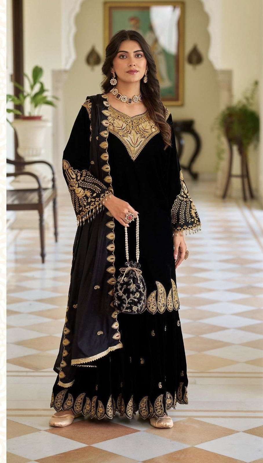 R 1504 BY SHREE FABS DESIGNER EMBROIDERY WORK VELVET READYMADE SUITS ARE AVAILABLE AT WHOLESALE PRICE