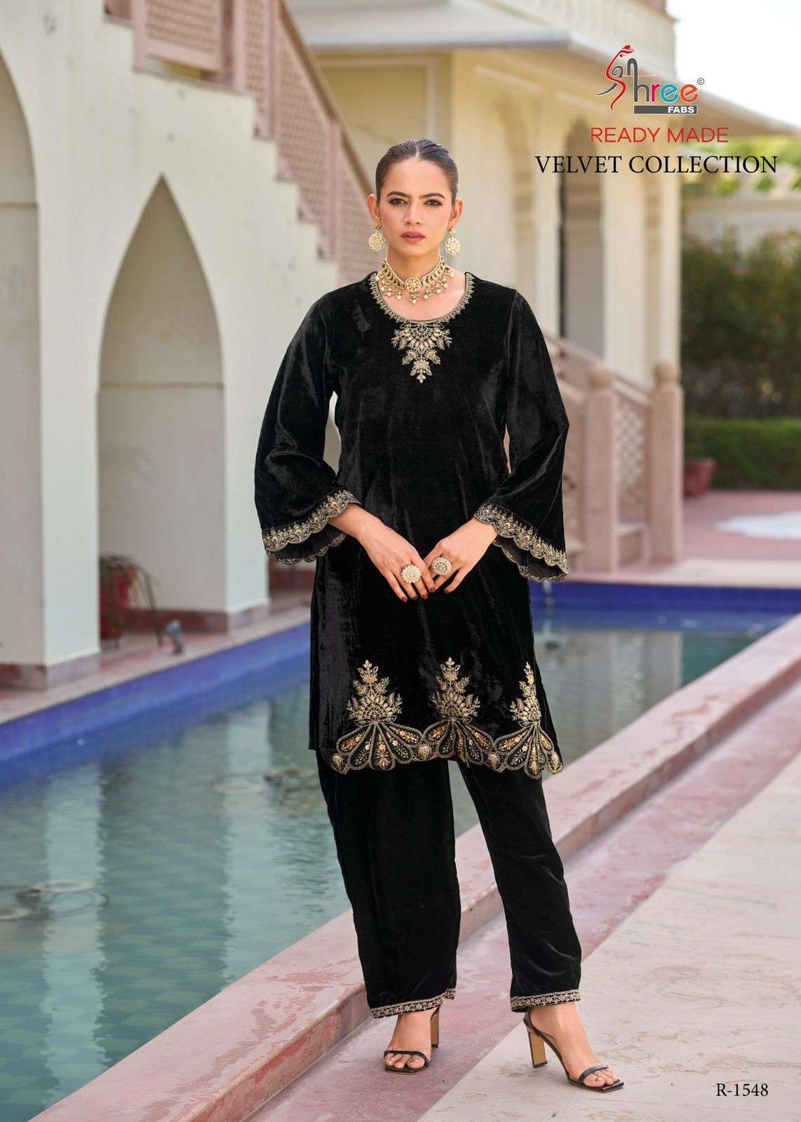 R 1548 BY SHREE FABS DESIGNER EMBROIDERY WORK VELVET TOP WITH BOTTOM ARE AVAILABLE AT WHOLESALE PRICE