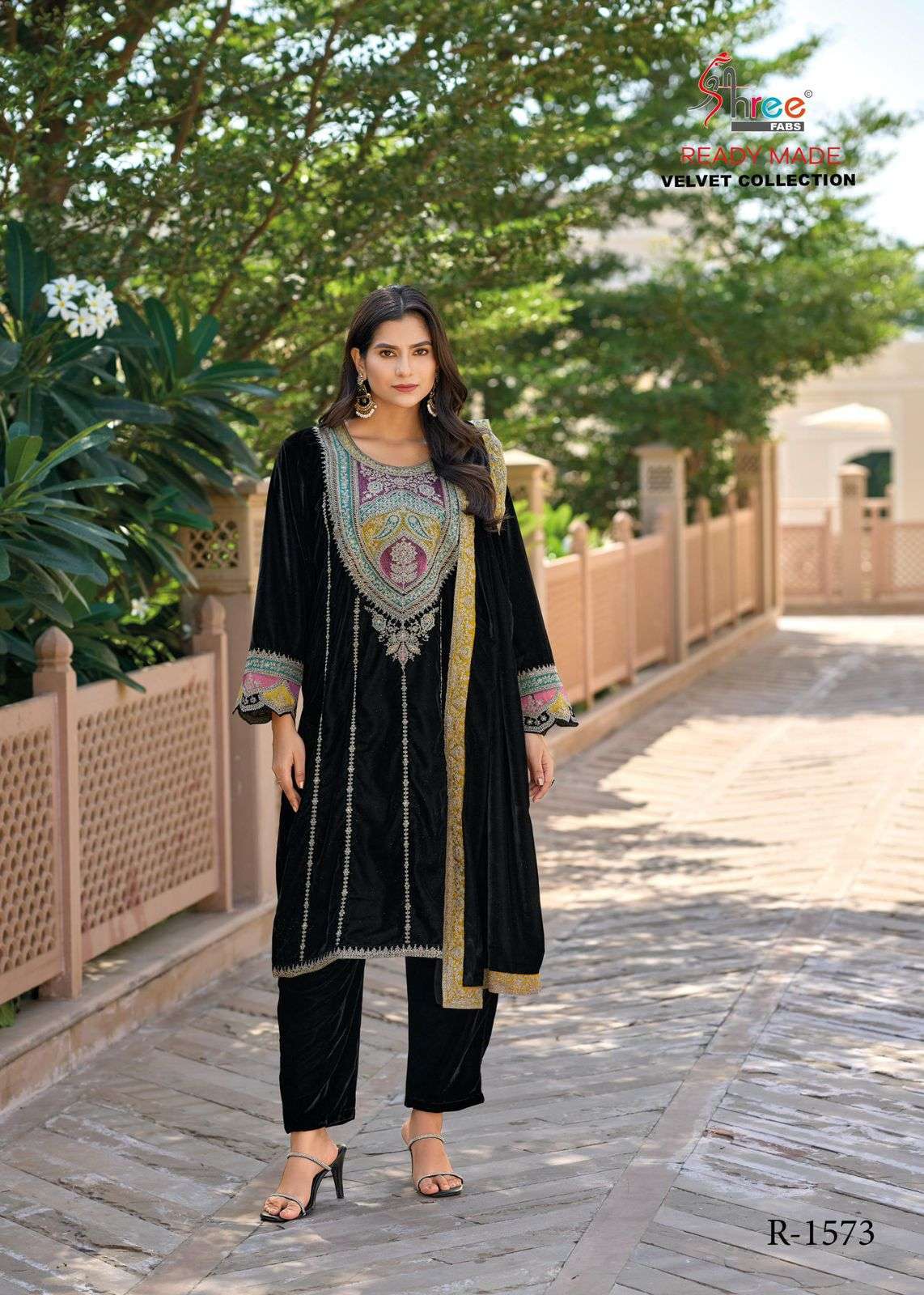 R 1573 BY SHREE FABS DESIGNER EMBROIDERY WORK READYMADE VELVET SUITS ARE AVAILABLE AT WHOLESALE PRICE