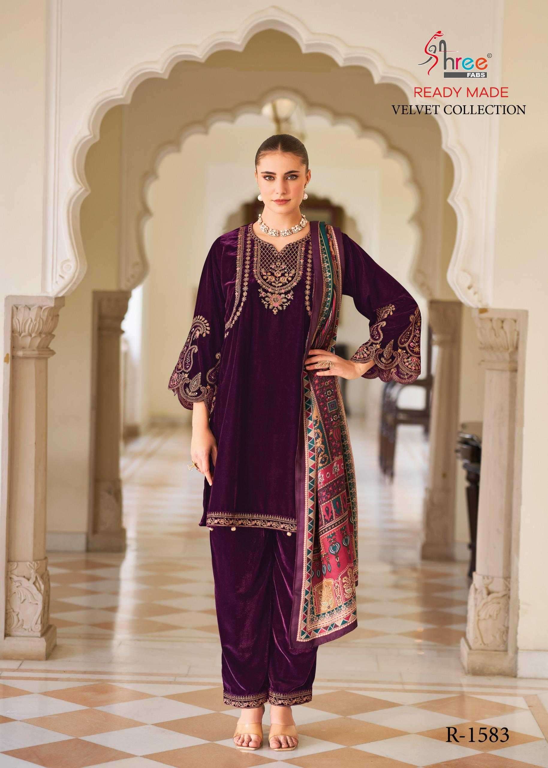 R 1583 BY SHREE FABS DESIGNER EMBROIDERY WORK VELVET SUITS ARE AVAILABLE AT WHOLESALE PRICE