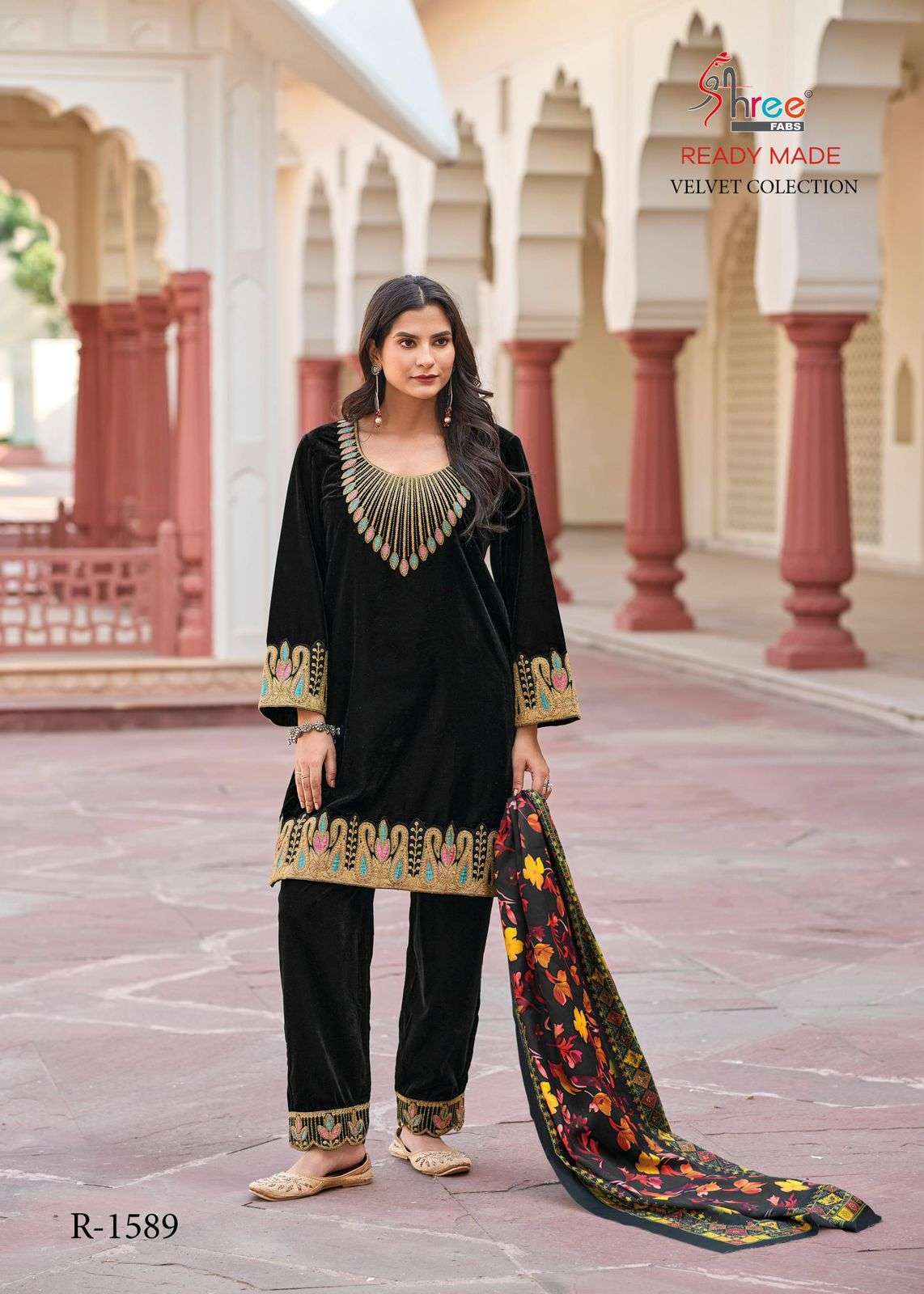 R 1589 BY SHREE FABS DESIGNER EMBROIDERY WORK VELVET READYMADE SUITS ARE AVAILABLE AT WHOLESALE PRICE