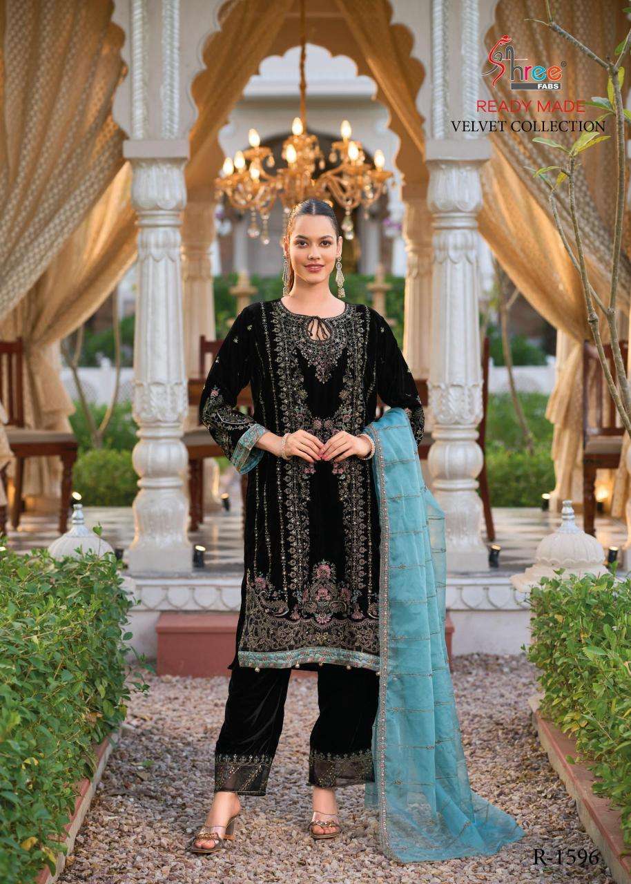 R 1596 BY SHREE FABS DESIGNER EMBROIDERY WORK VELVET READYMADE SUITS ARE AVAILABLE AT WHOLESALE PRICE