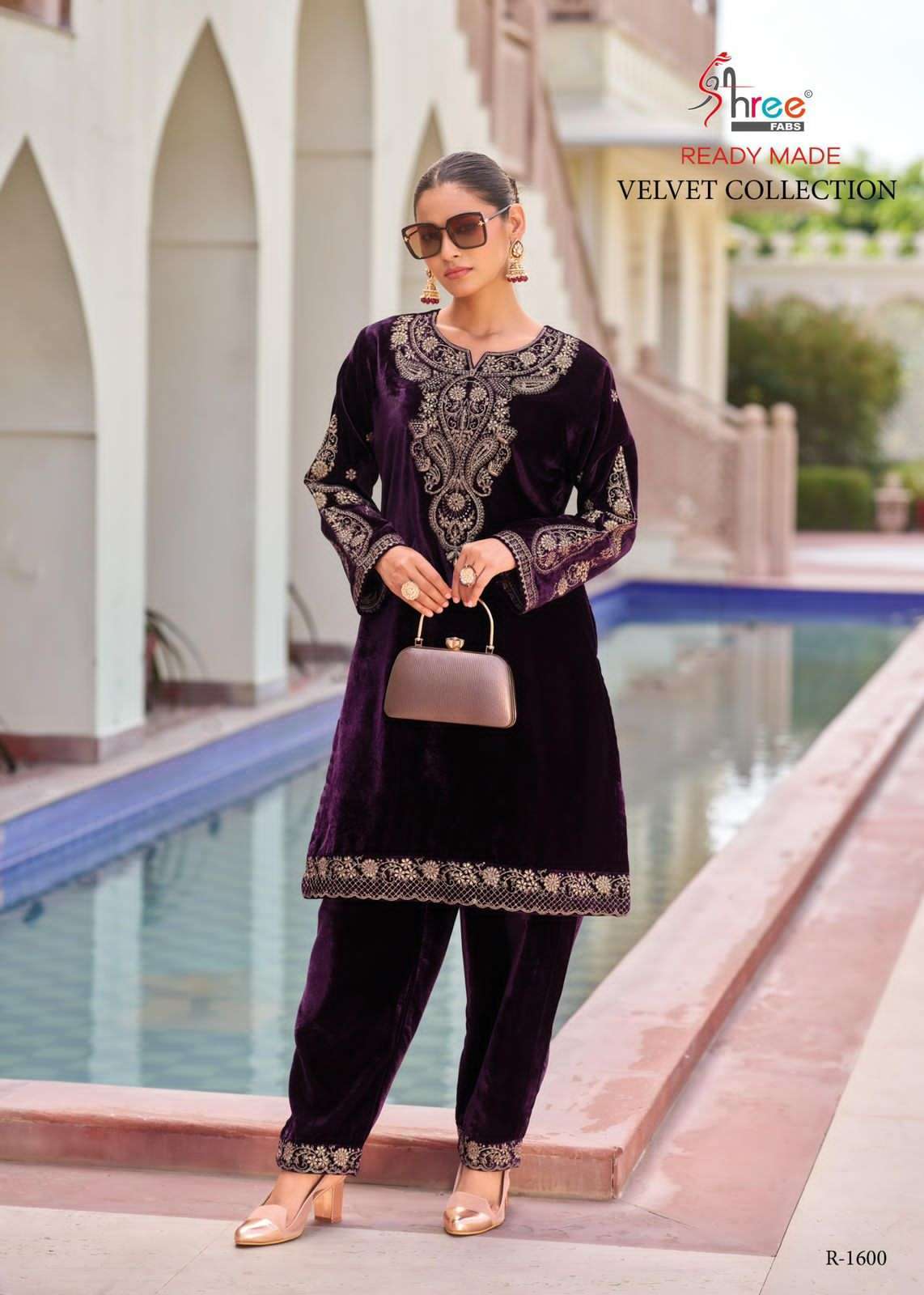 R 1600 BY SHREE FABS DESIGNER EMBROIDERY WORK VELVET TOP WITH BOTTOM ARE AVAILABLE AT WHOLESALE PRICE